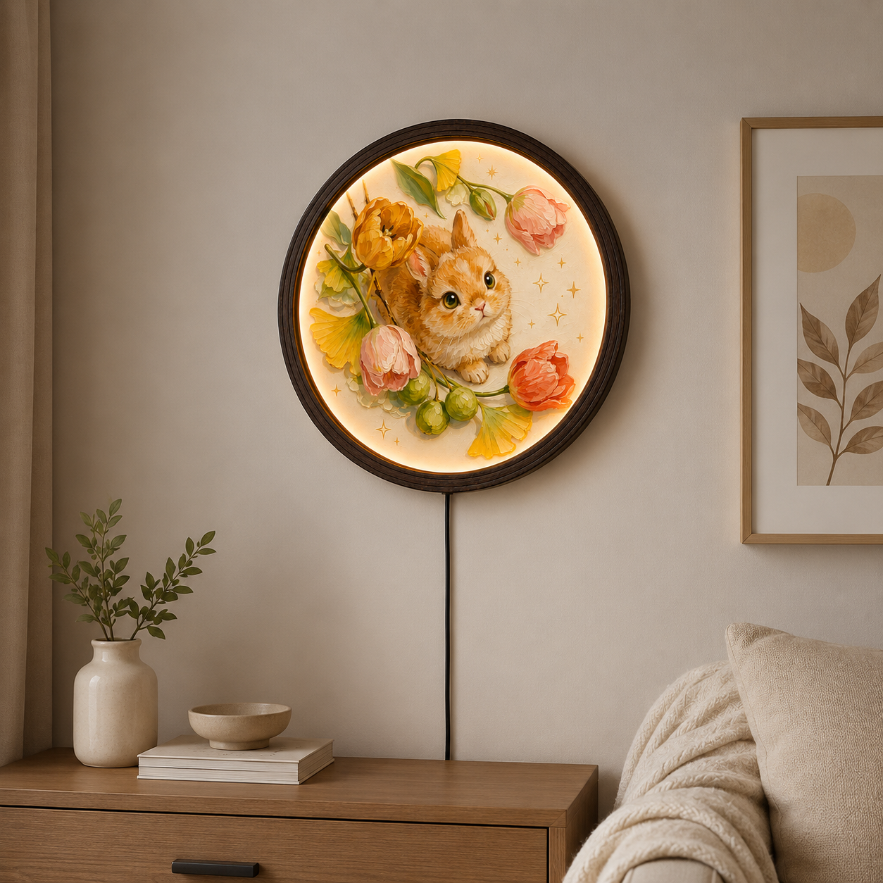 Cute Bunny & Bloom LED Round Wall Art – Illuminated Floral Animal Wall Decor for Living Room, Bedroom & Nursery