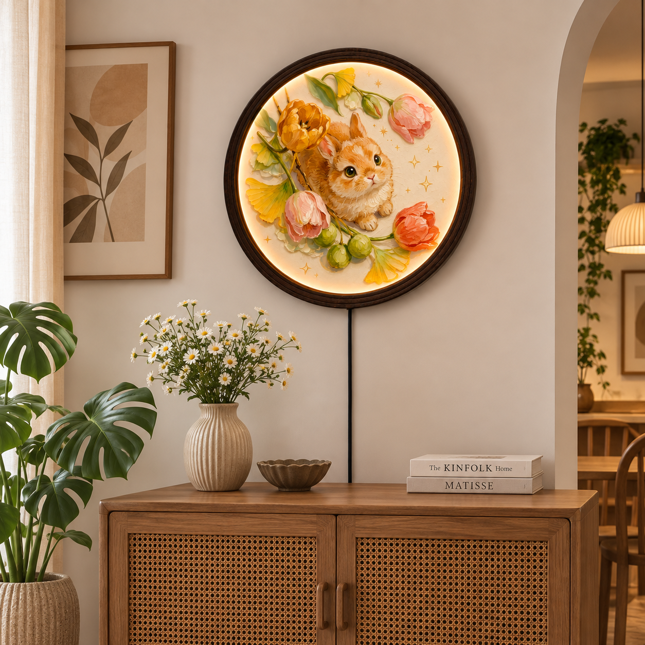 Cute Bunny & Bloom LED Round Wall Art – Illuminated Floral Animal Wall Decor for Living Room, Bedroom & Nursery