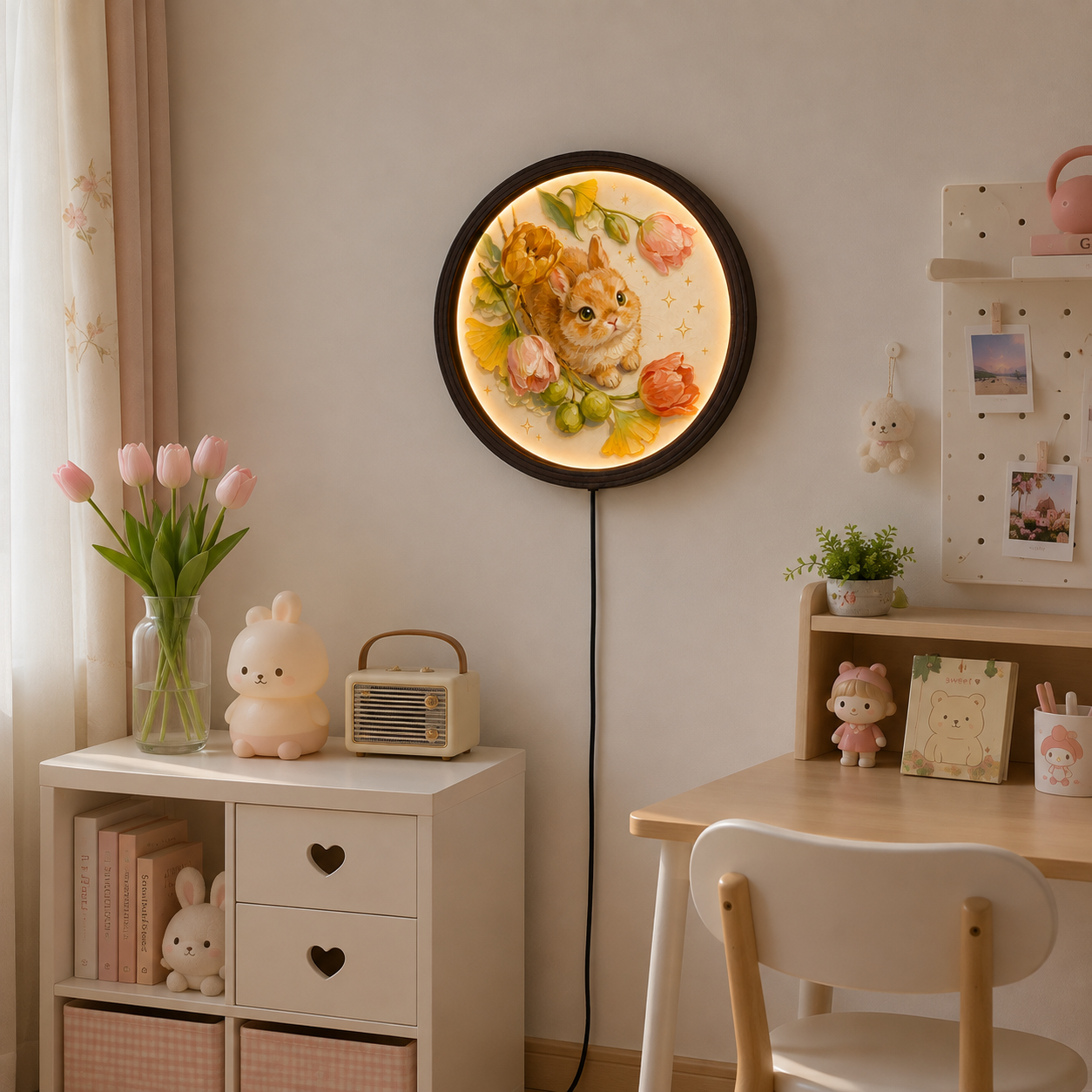 Cute Bunny & Bloom LED Round Wall Art – Illuminated Floral Animal Wall Decor for Living Room, Bedroom & Nursery