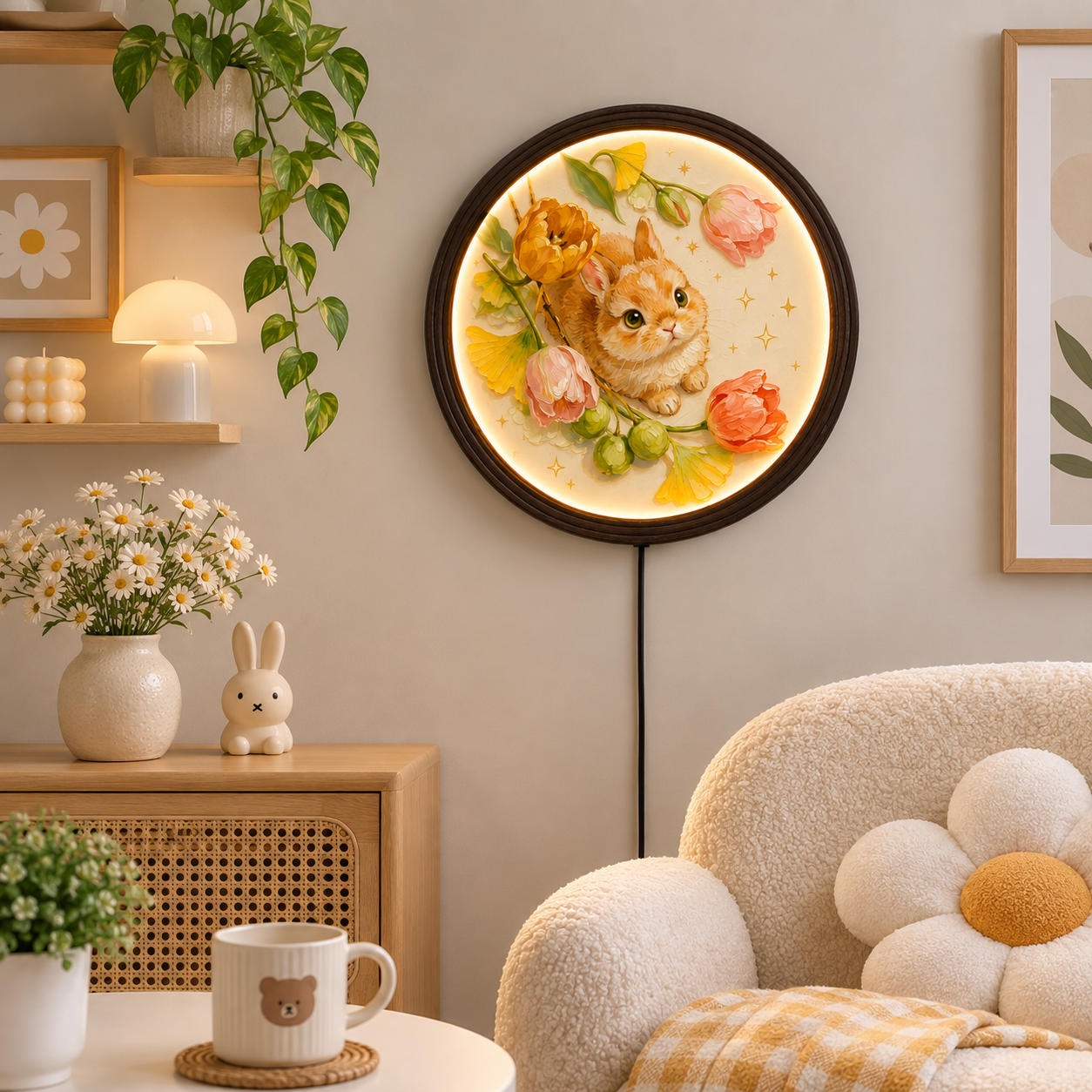 Cute Bunny & Bloom LED Round Wall Art – Illuminated Floral Animal Wall Decor for Living Room, Bedroom & Nursery