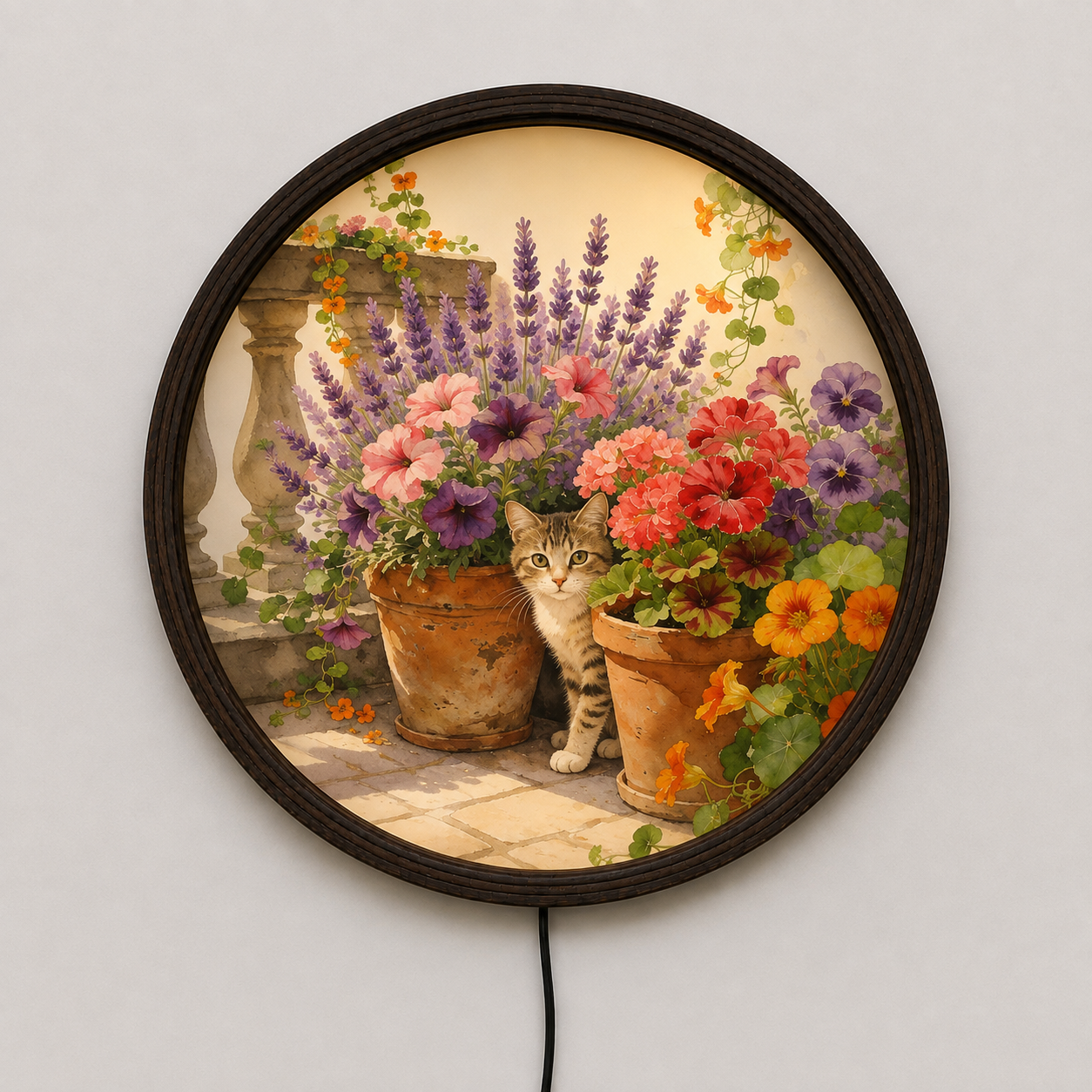 Illuminated Cat & Floral Garden Round Wall Art – LED Lighted Home Decor