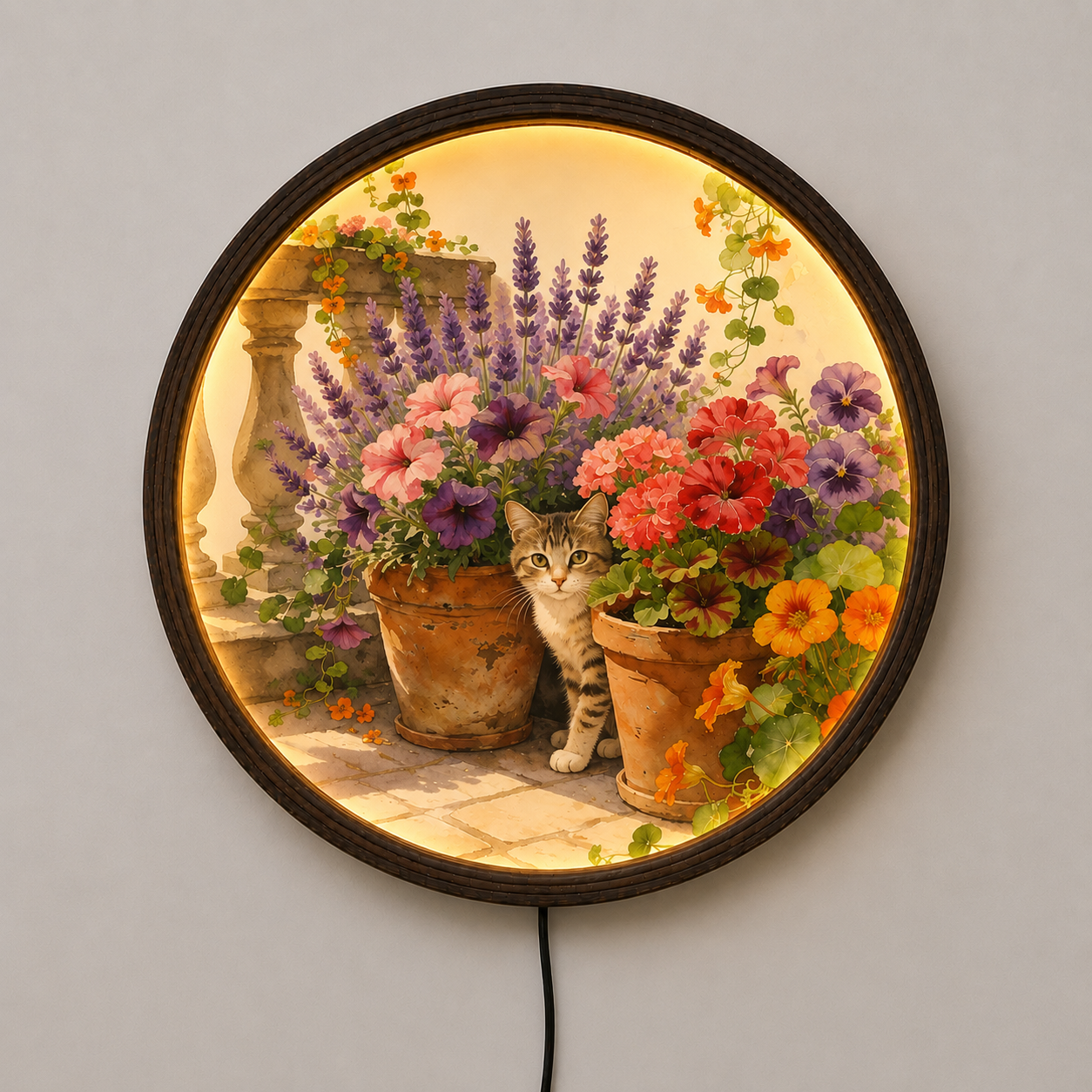 Illuminated Cat & Floral Garden Round Wall Art – LED Lighted Home Decor