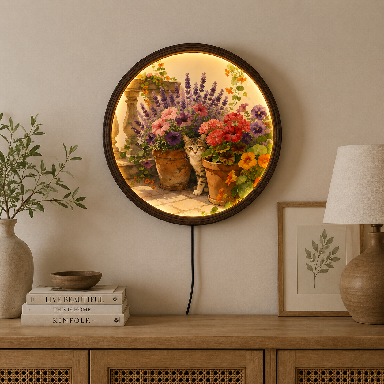 Illuminated Cat & Floral Garden Round Wall Art – LED Lighted Home Decor