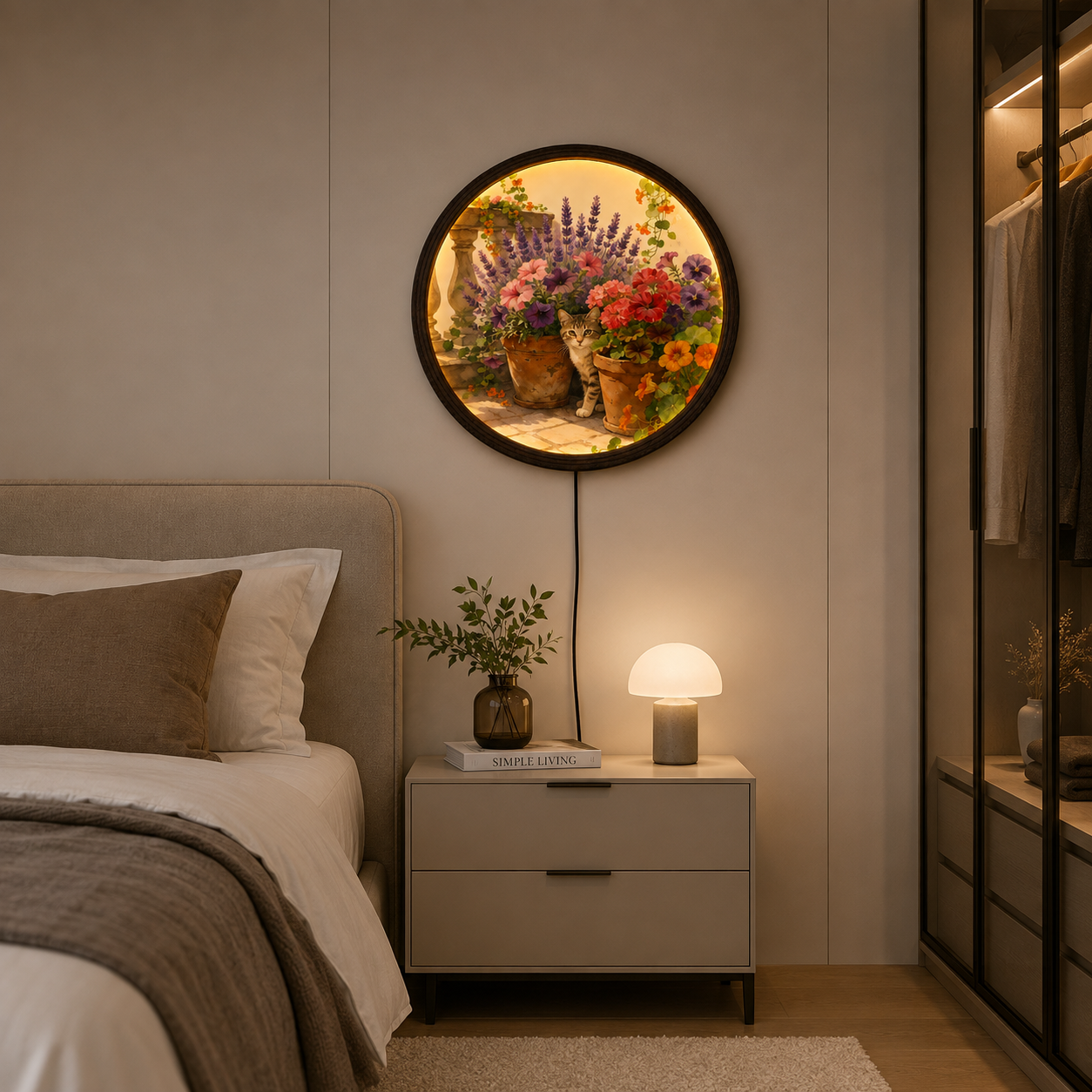 Illuminated Cat & Floral Garden Round Wall Art – LED Lighted Home Decor