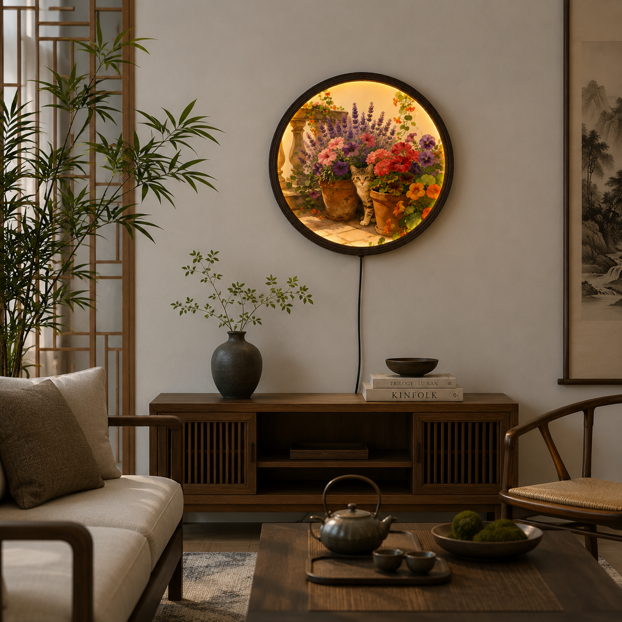 Illuminated Cat & Floral Garden Round Wall Art – LED Lighted Home Decor