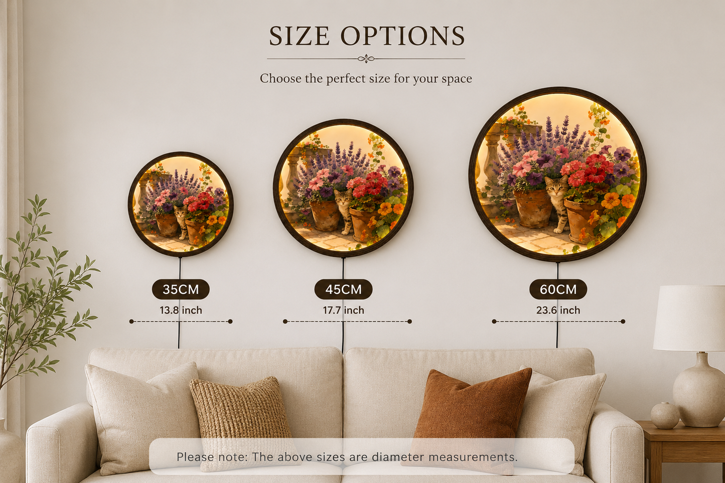 Illuminated Cat & Floral Garden Round Wall Art – LED Lighted Home Decor