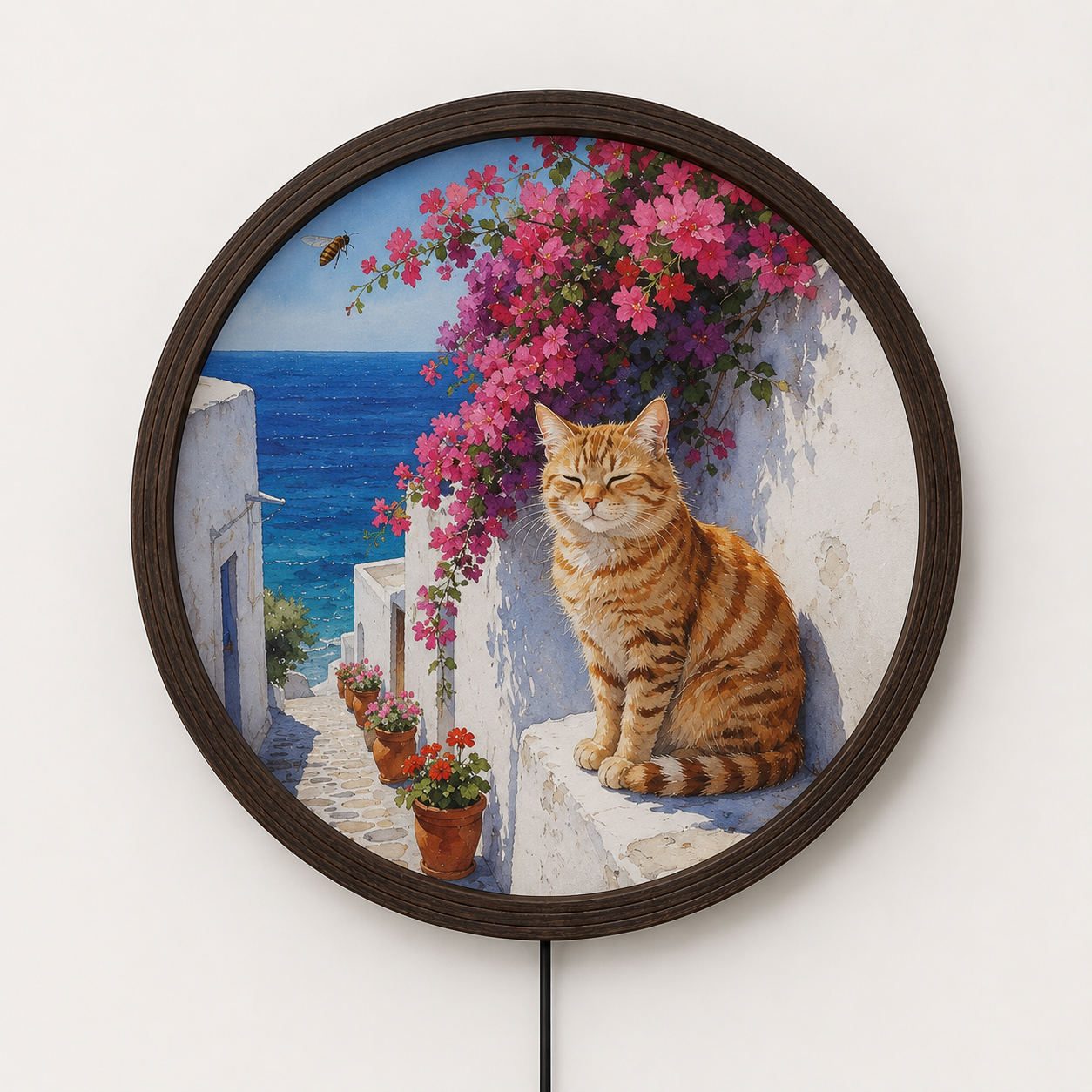 Illuminated Cat & Mediterranean Flowers Round Wall Art – LED Lighted Home Decor
