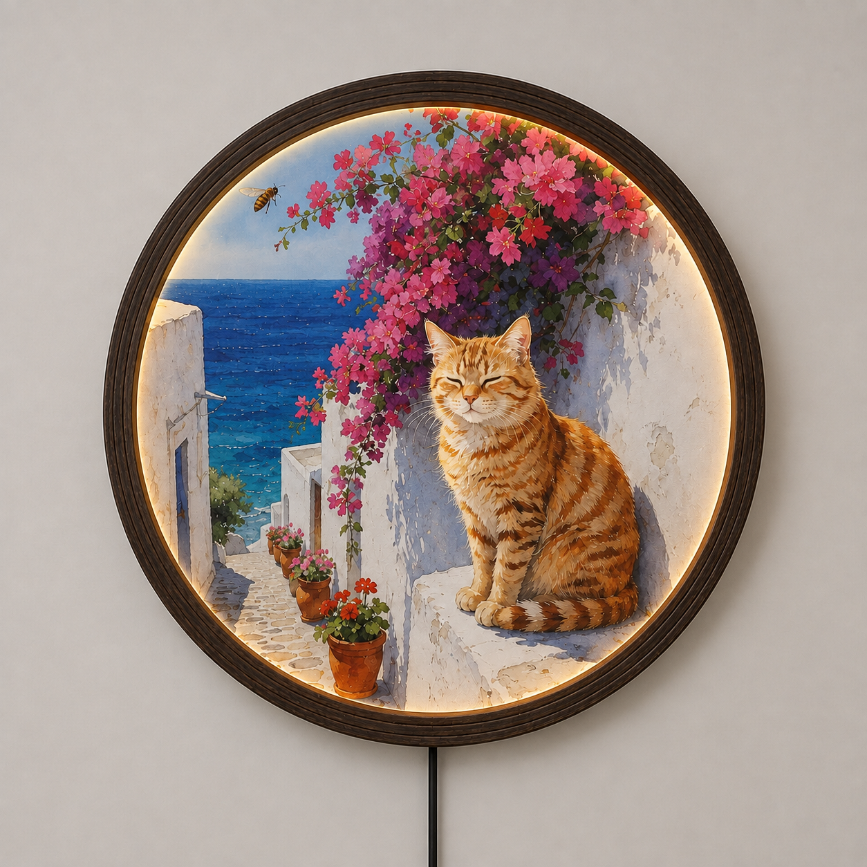 Illuminated Cat & Mediterranean Flowers Round Wall Art – LED Lighted Home Decor
