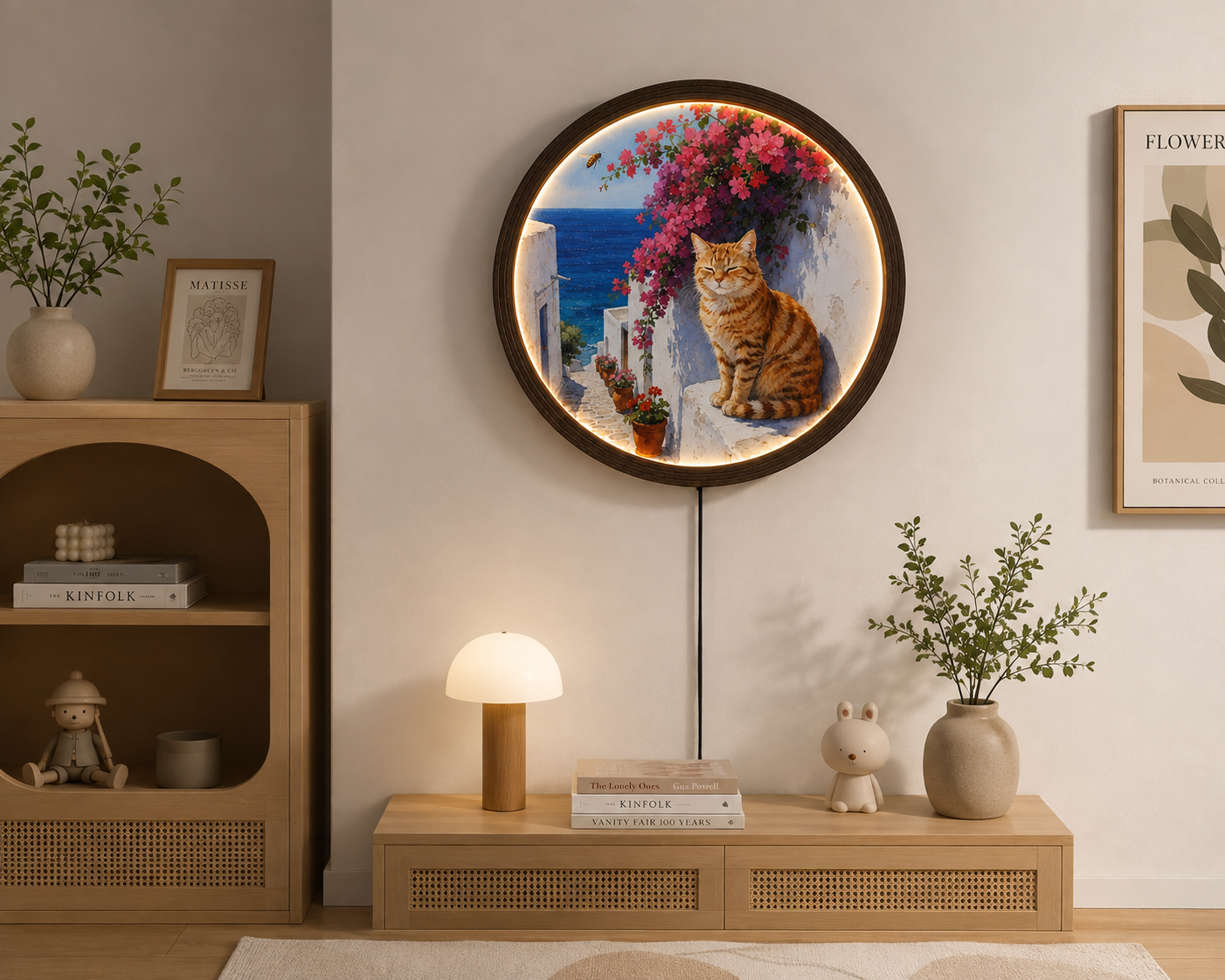 Illuminated Cat & Mediterranean Flowers Round Wall Art – LED Lighted Home Decor