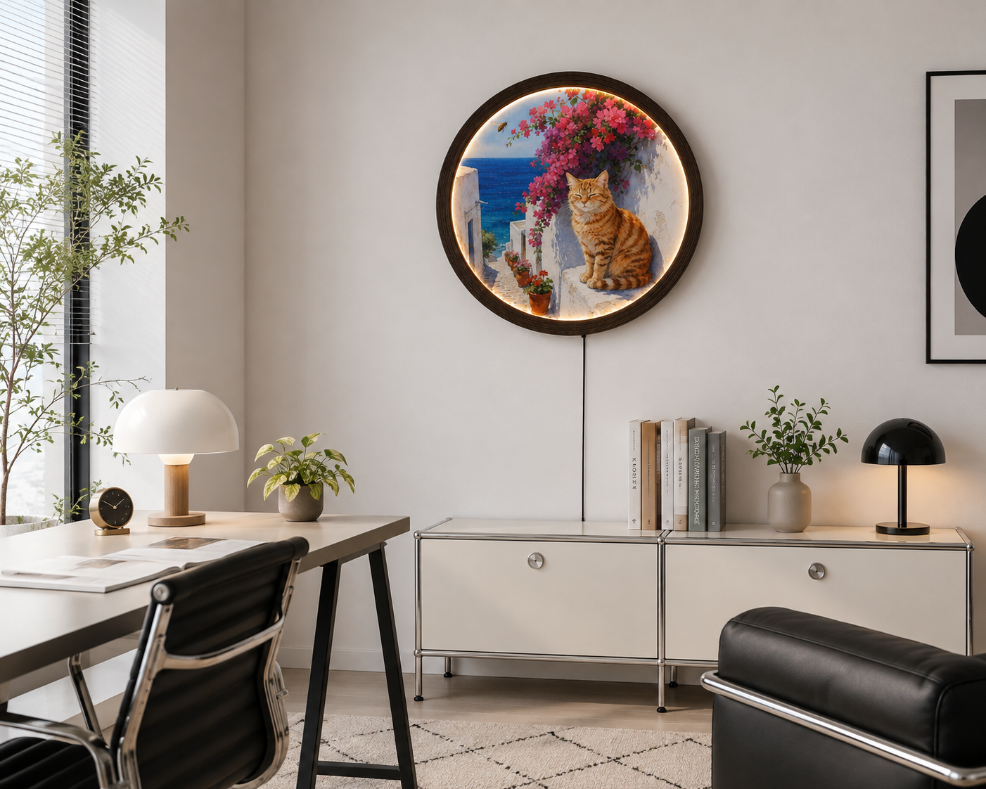 Illuminated Cat & Mediterranean Flowers Round Wall Art – LED Lighted Home Decor