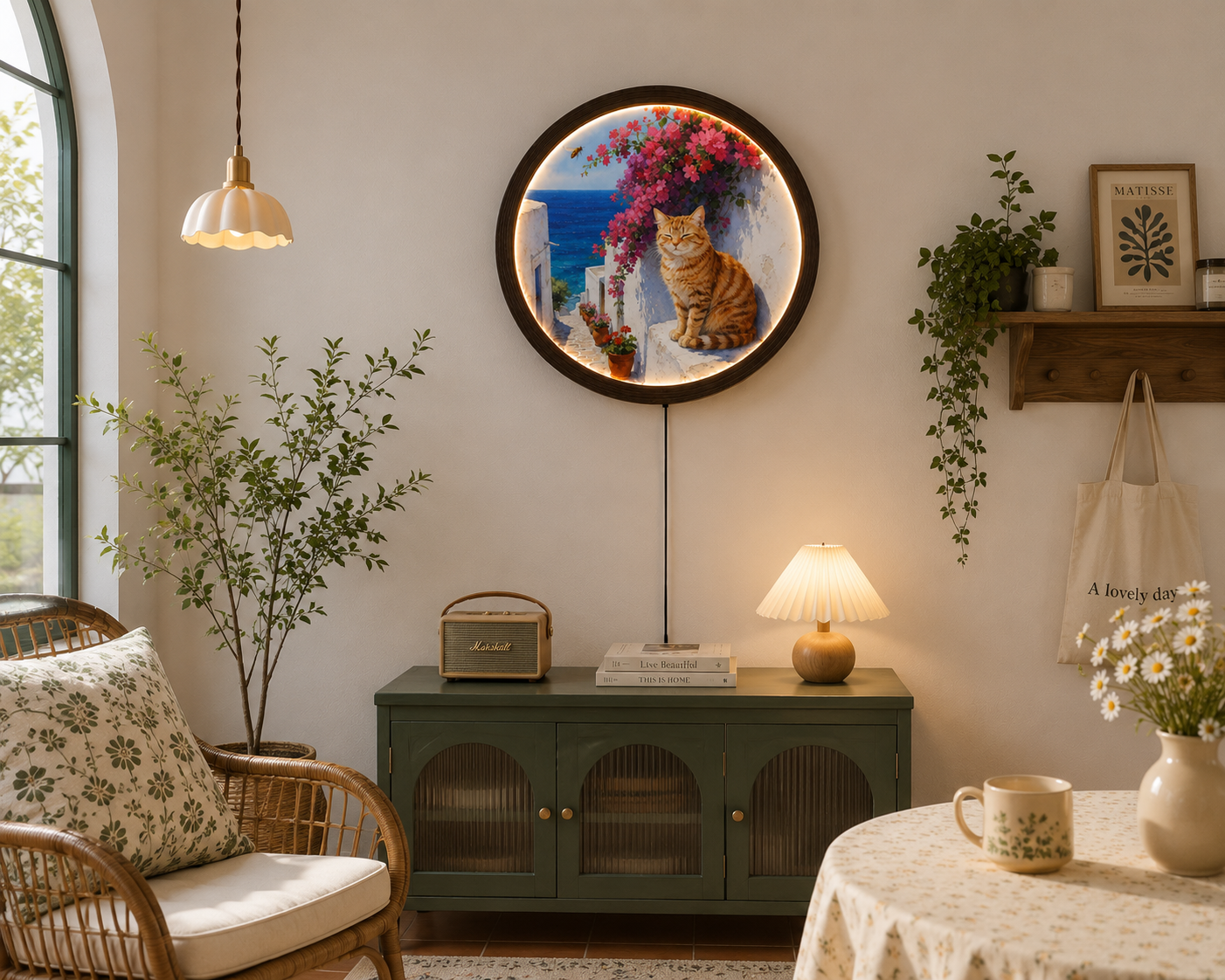 Illuminated Cat & Mediterranean Flowers Round Wall Art – LED Lighted Home Decor