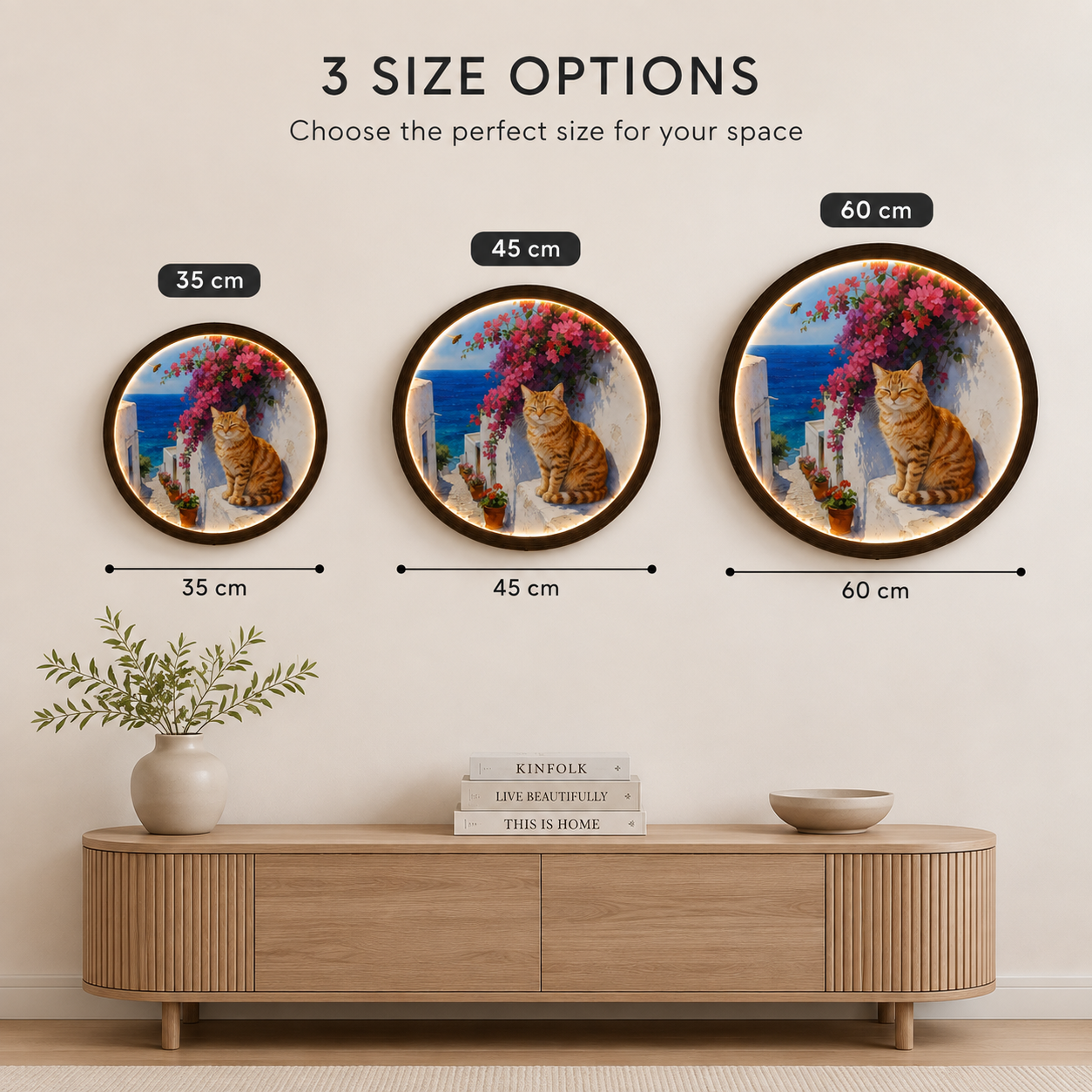Illuminated Cat & Mediterranean Flowers Round Wall Art – LED Lighted Home Decor