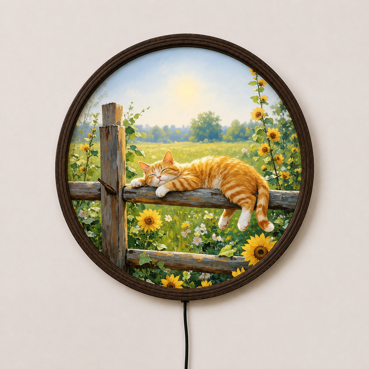 Sunflower Sleeping Cat LED Wall Art – Rustic Round Lighted Cat Wall Decor, Cozy Farmhouse Home Decoration