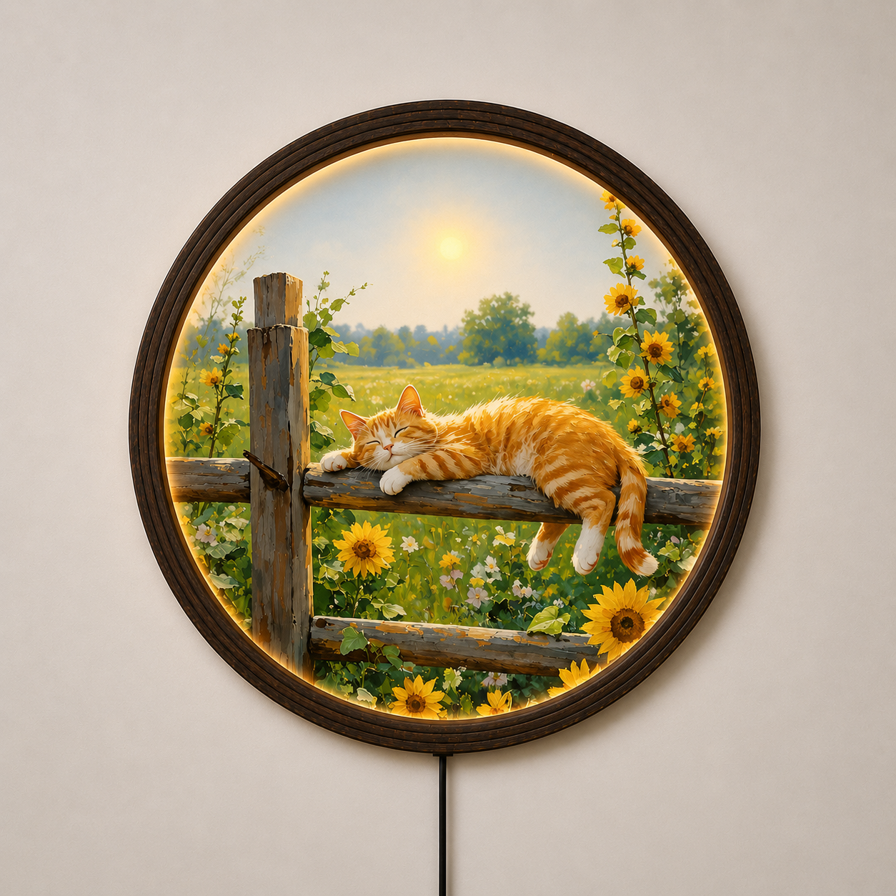 Sunflower Sleeping Cat LED Wall Art – Rustic Round Lighted Cat Wall Decor, Cozy Farmhouse Home Decoration