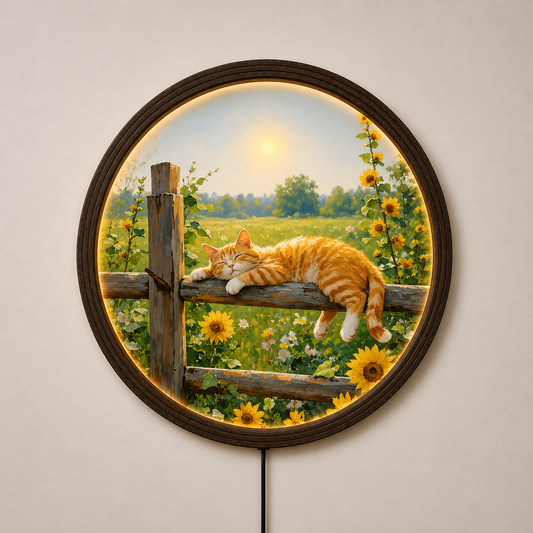 Sunflower Sleeping Cat LED Wall Art – Rustic Round Lighted Cat Wall Decor, Cozy Farmhouse Home Decoration