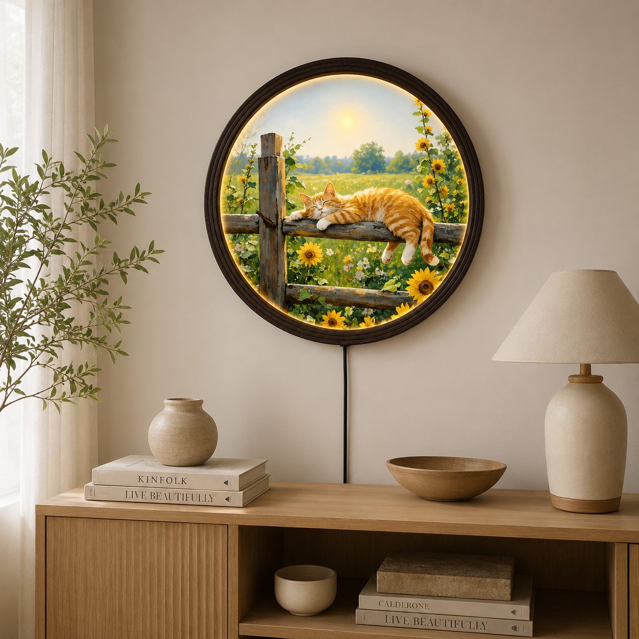 Sunflower Sleeping Cat LED Wall Art – Rustic Round Lighted Cat Wall Decor, Cozy Farmhouse Home Decoration