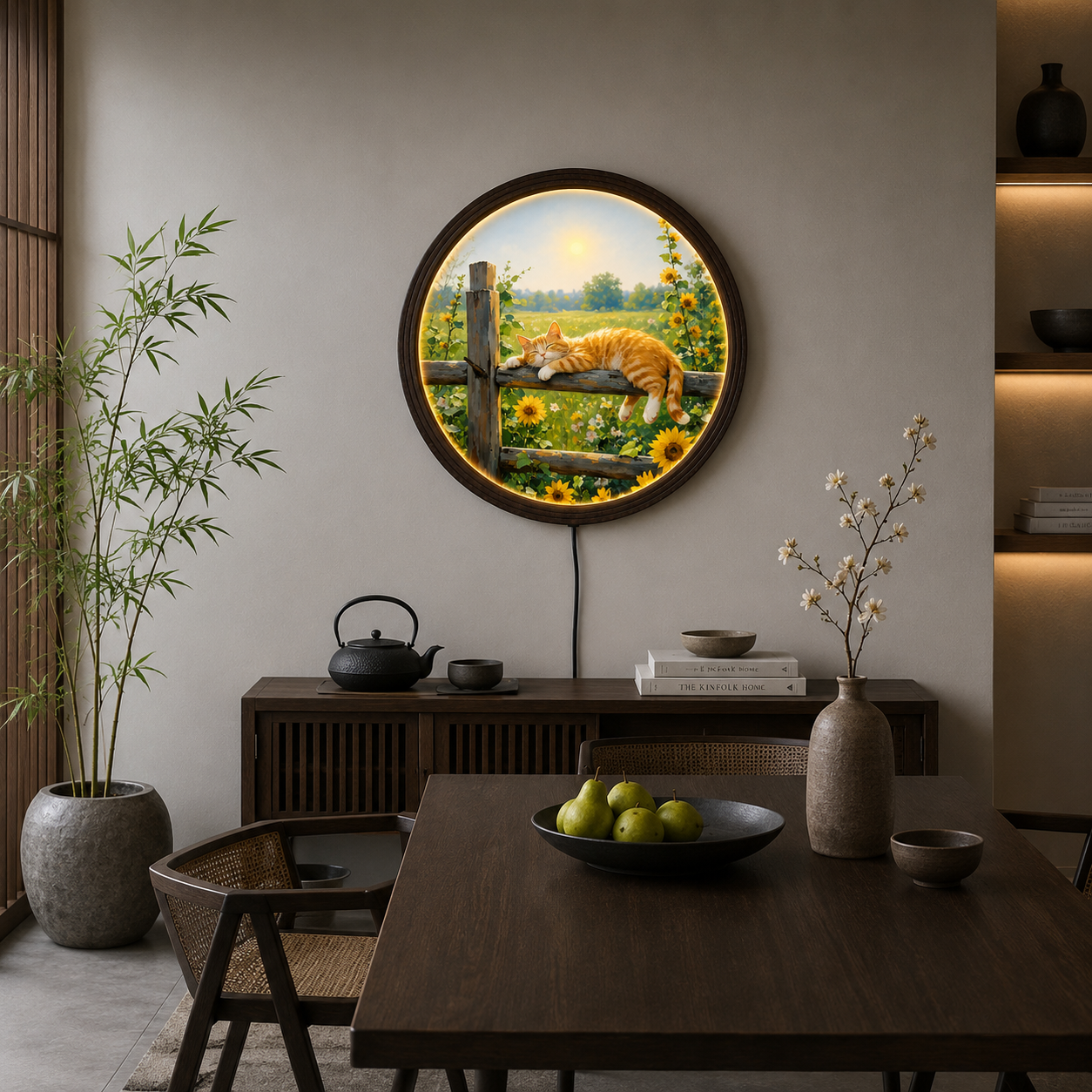 Sunflower Sleeping Cat LED Wall Art – Rustic Round Lighted Cat Wall Decor, Cozy Farmhouse Home Decoration