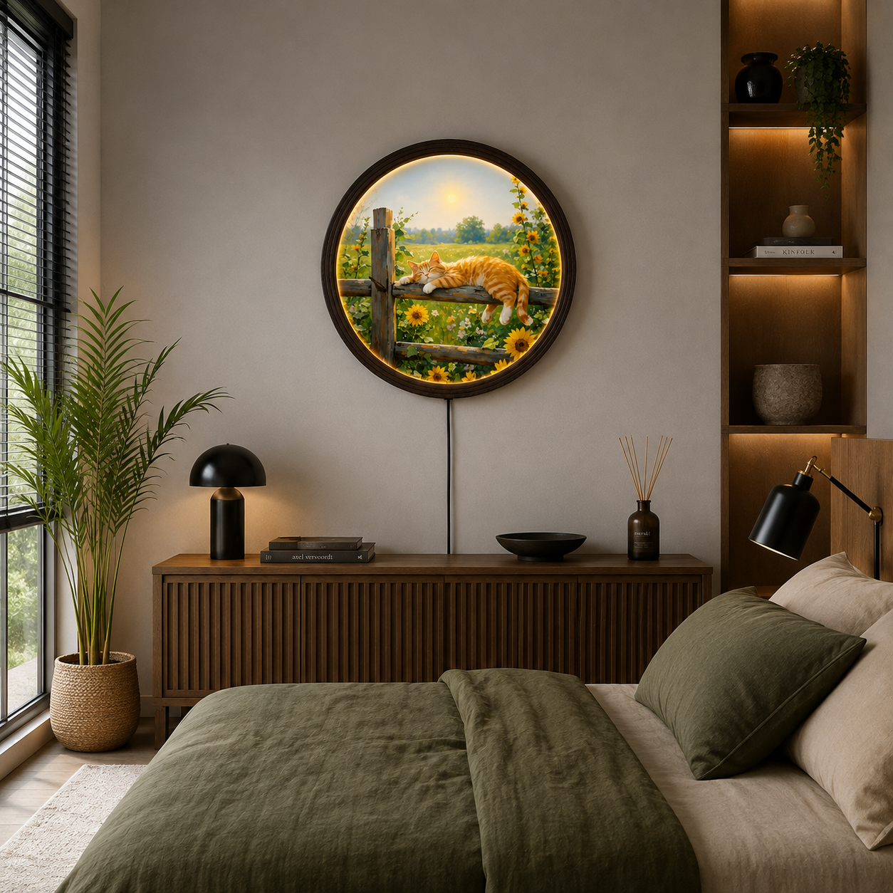Sunflower Sleeping Cat LED Wall Art – Rustic Round Lighted Cat Wall Decor, Cozy Farmhouse Home Decoration