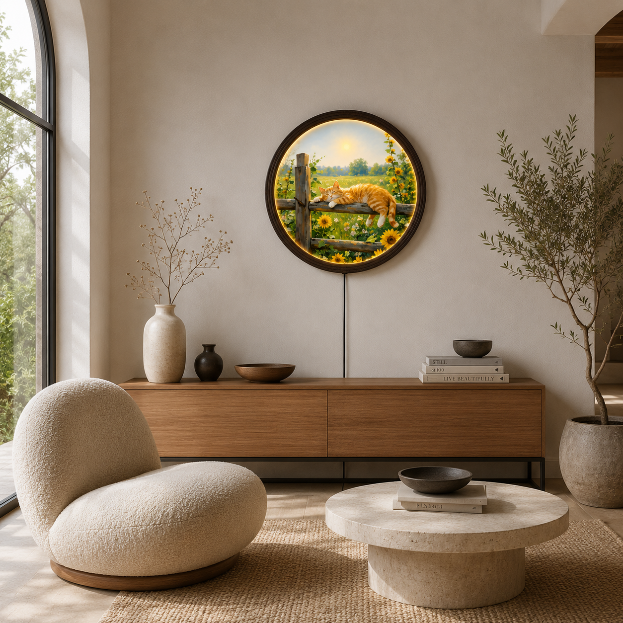 Sunflower Sleeping Cat LED Wall Art – Rustic Round Lighted Cat Wall Decor, Cozy Farmhouse Home Decoration