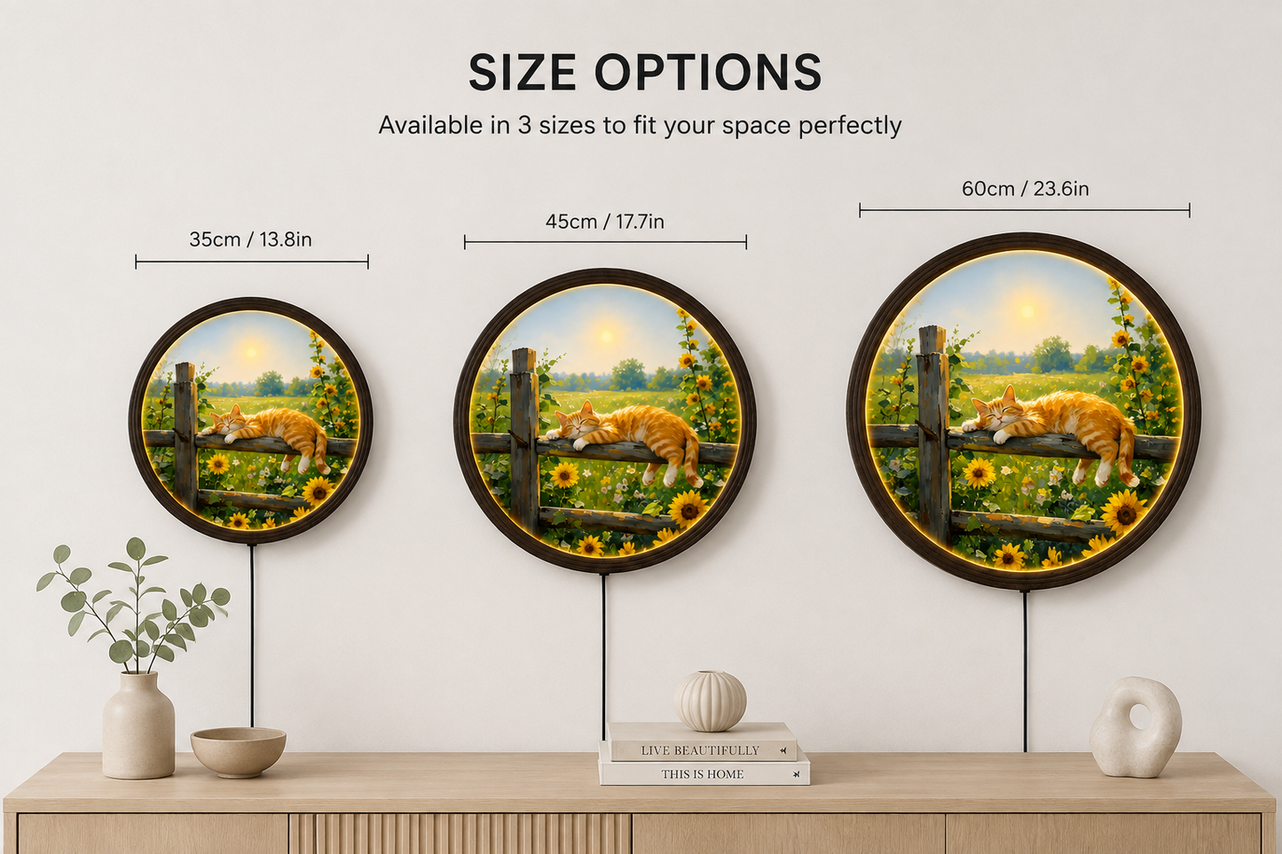Sunflower Sleeping Cat LED Wall Art – Rustic Round Lighted Cat Wall Decor, Cozy Farmhouse Home Decoration