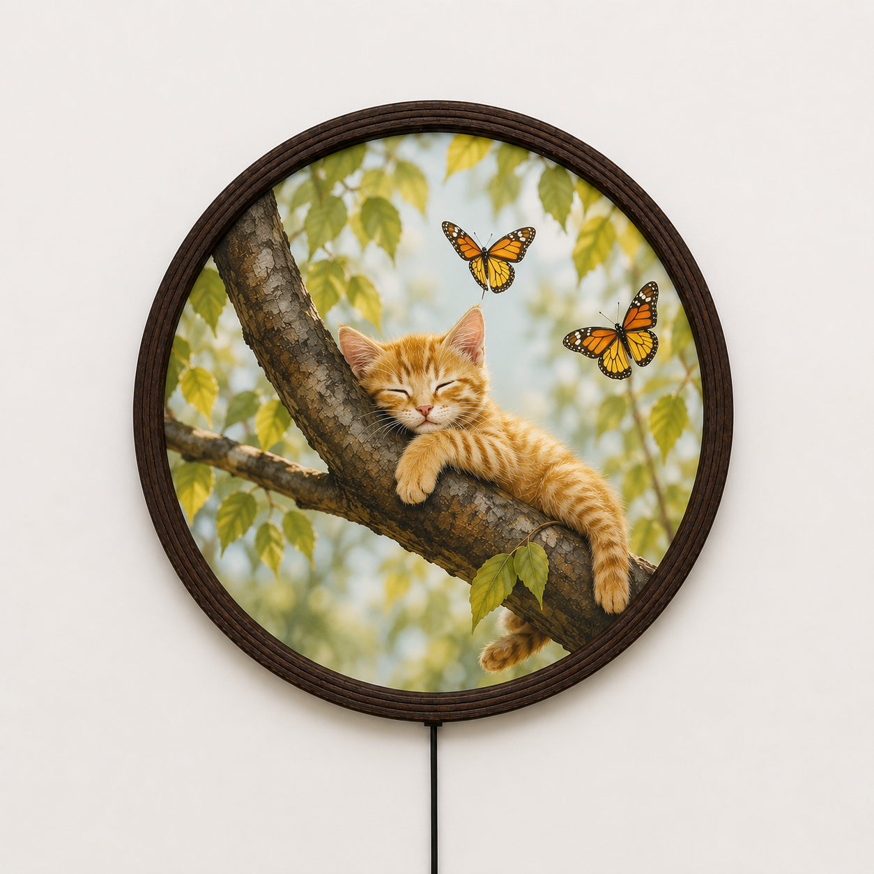 Rustic Cat & Butterfly LED Wall Art – Round Wooden Framed Lighted Home Decor