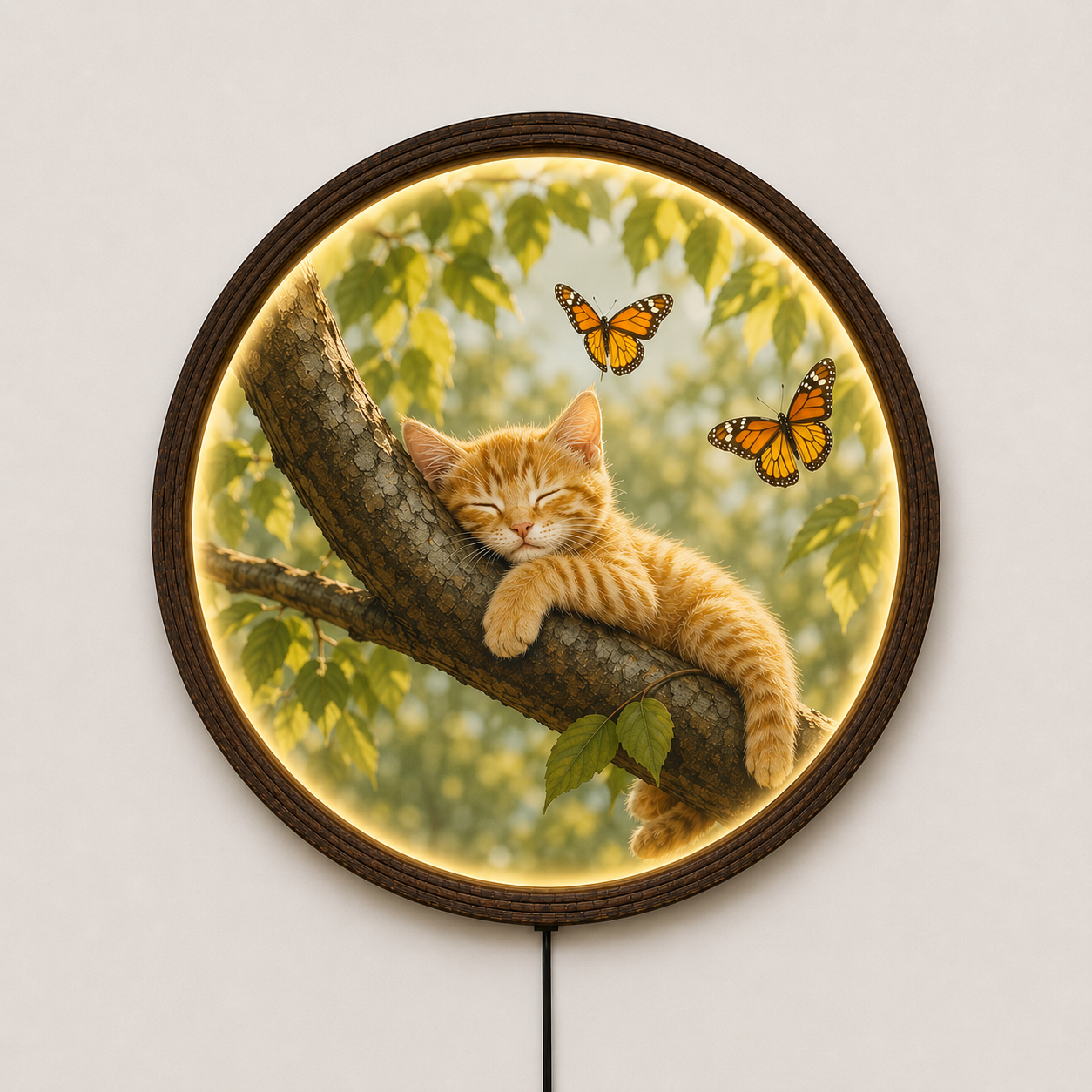 Rustic Cat & Butterfly LED Wall Art – Round Wooden Framed Lighted Home Decor