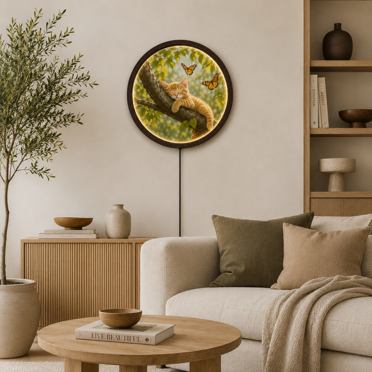 Rustic Cat & Butterfly LED Wall Art – Round Wooden Framed Lighted Home Decor