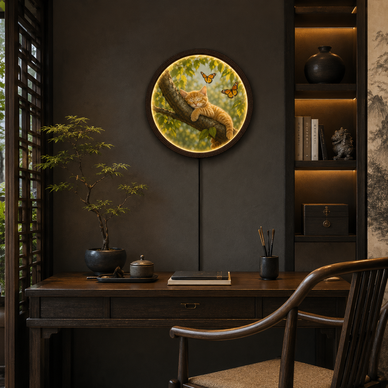Rustic Cat & Butterfly LED Wall Art – Round Wooden Framed Lighted Home Decor