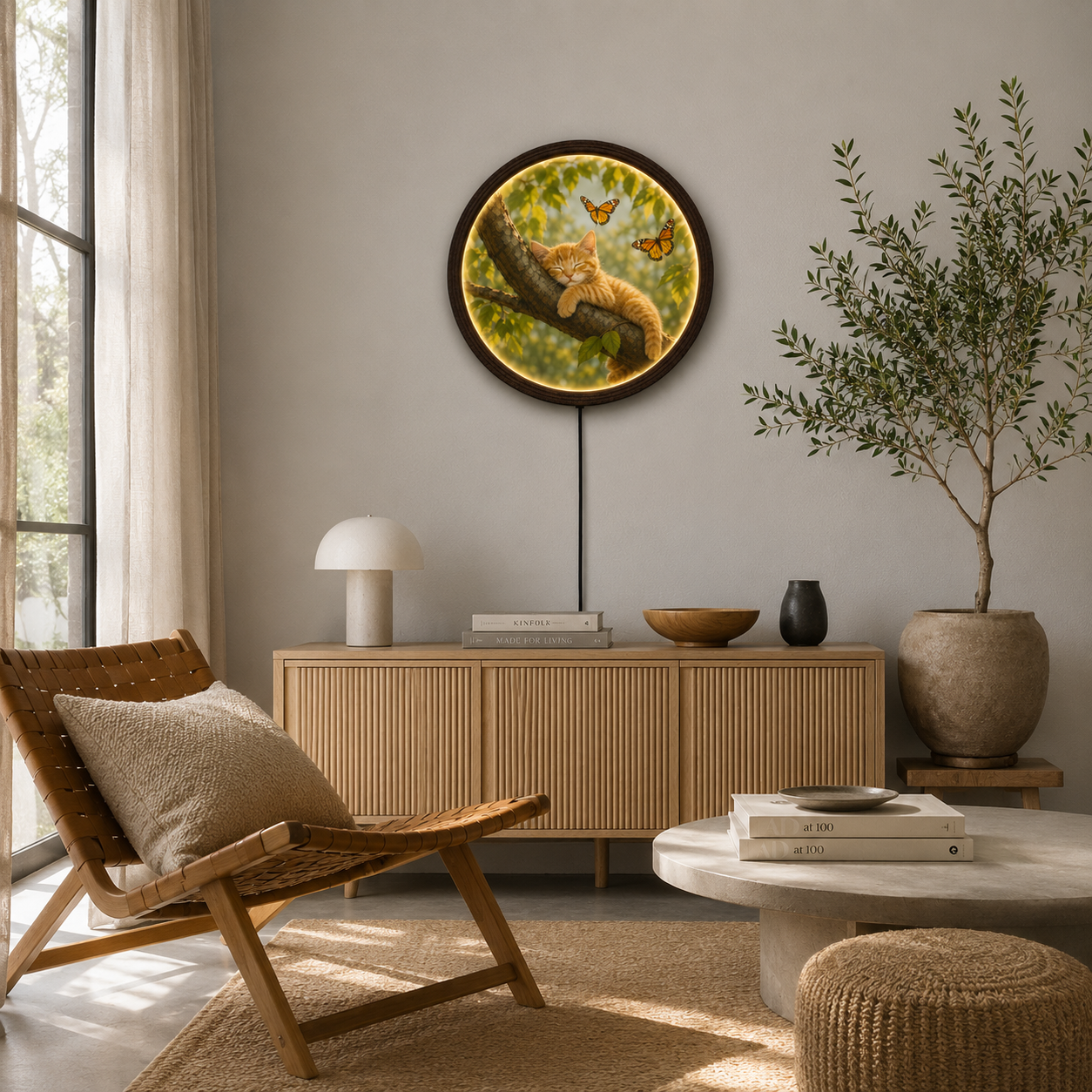 Rustic Cat & Butterfly LED Wall Art – Round Wooden Framed Lighted Home Decor