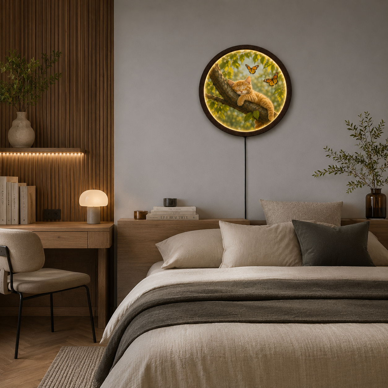Rustic Cat & Butterfly LED Wall Art – Round Wooden Framed Lighted Home Decor