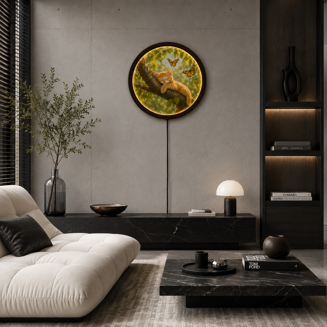 Rustic Cat & Butterfly LED Wall Art – Round Wooden Framed Lighted Home Decor