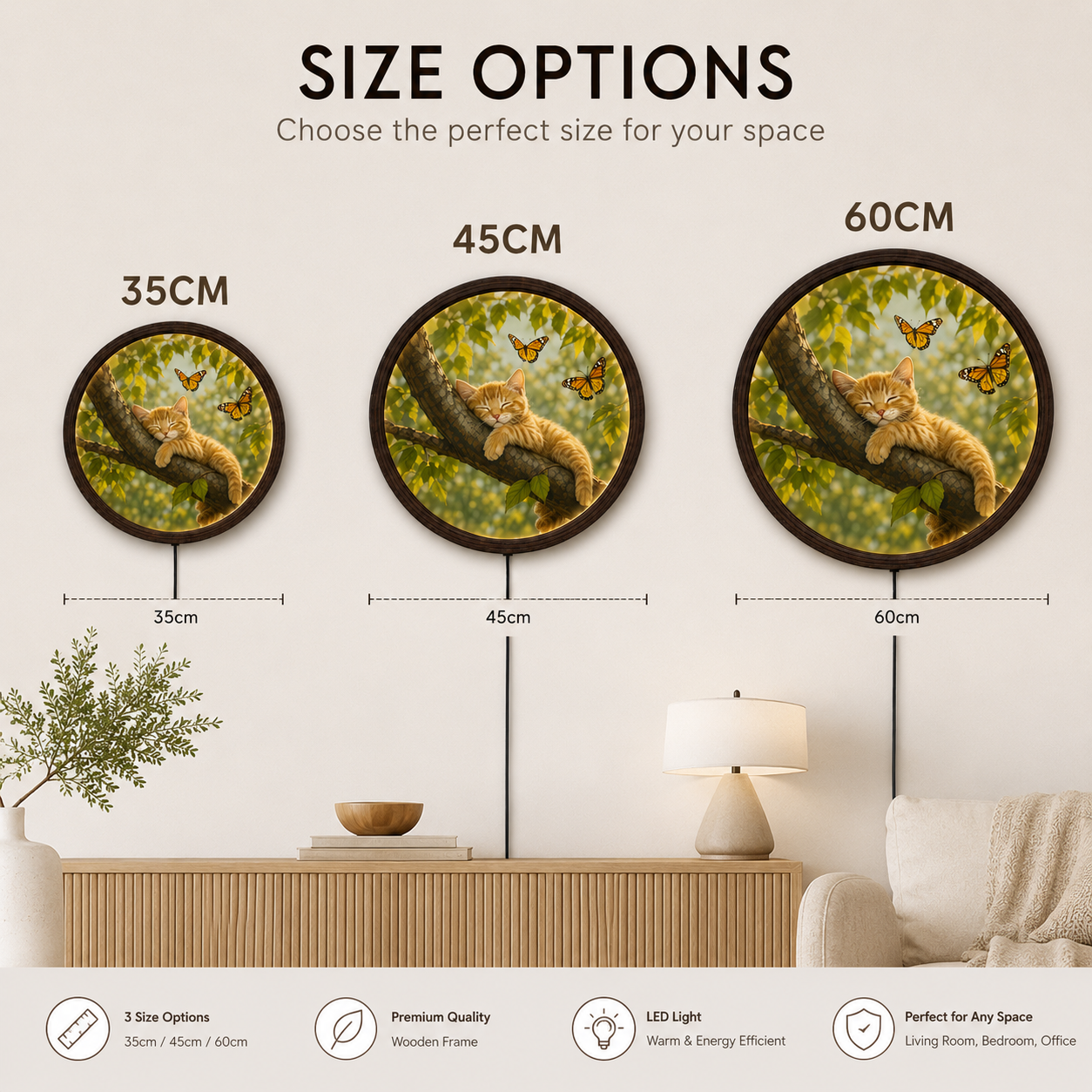 Rustic Cat & Butterfly LED Wall Art – Round Wooden Framed Lighted Home Decor