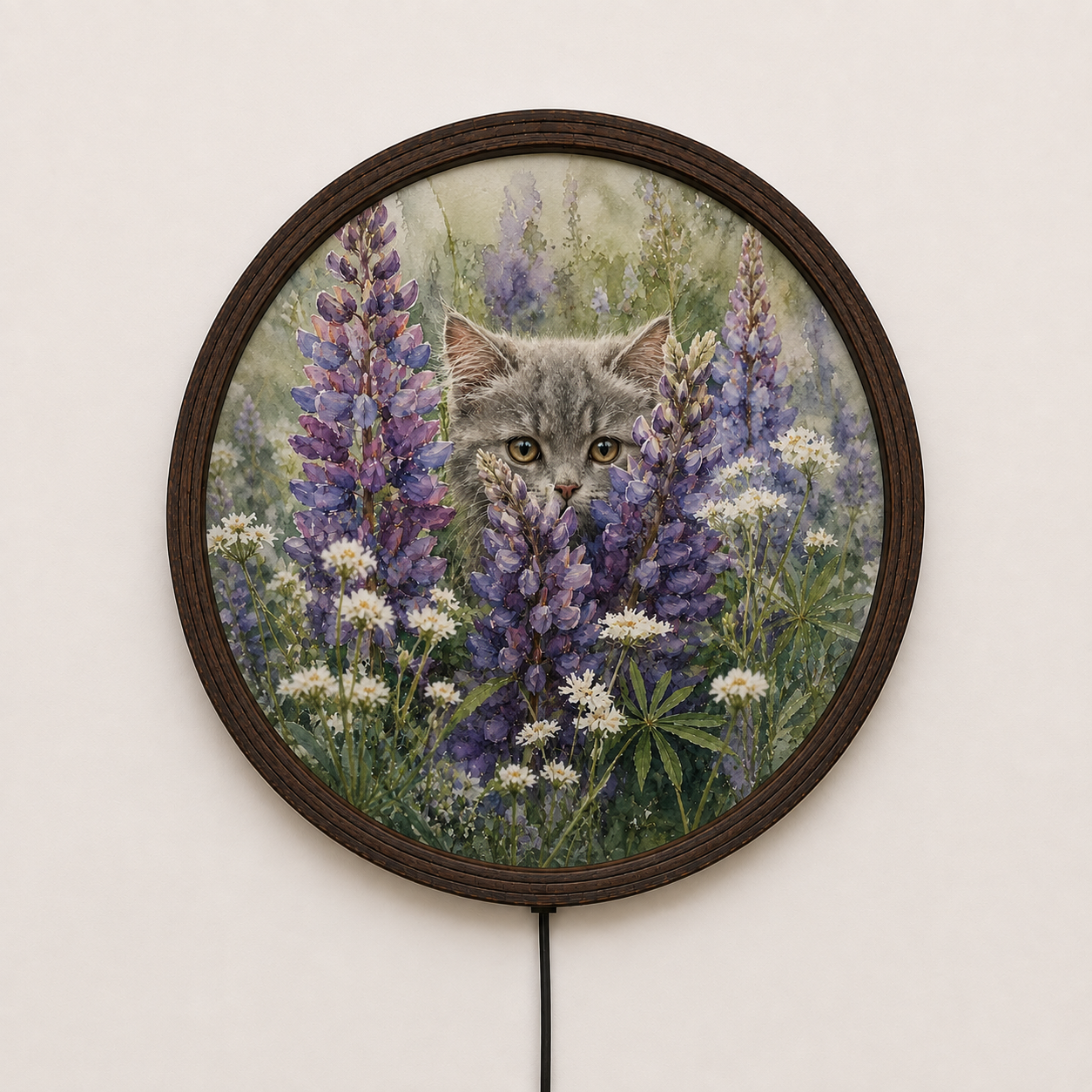 Round Cat & Wildflower LED Wall Light – Rustic Floral Home Decor