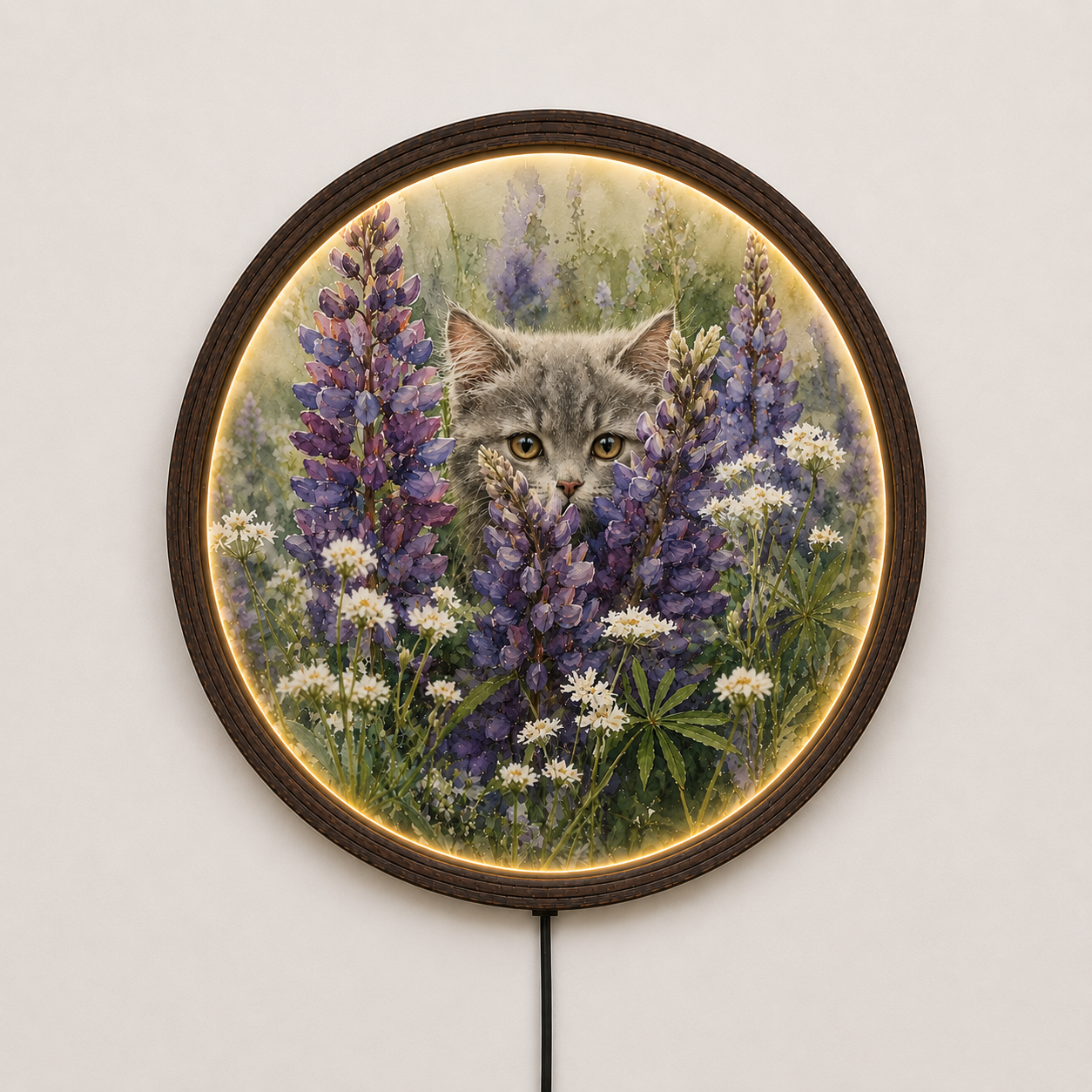 Round Cat & Wildflower LED Wall Light – Rustic Floral Home Decor