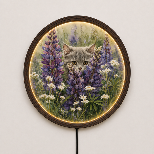 Round Cat & Wildflower LED Wall Light – Rustic Floral Home Decor