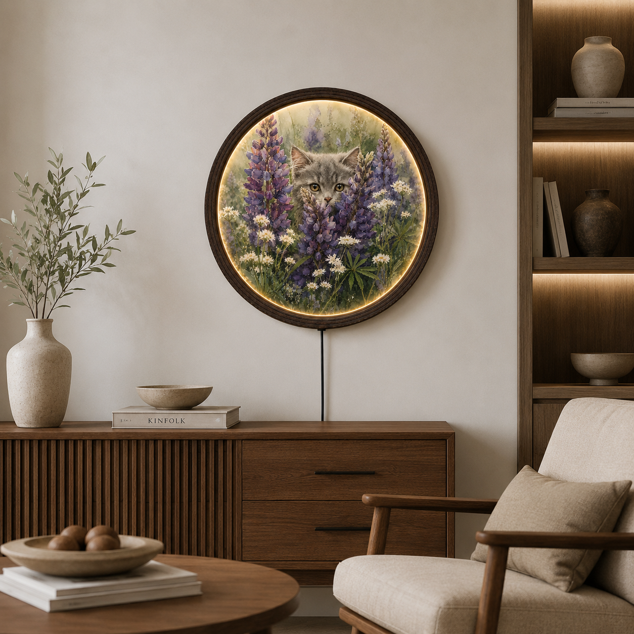 Round Cat & Wildflower LED Wall Light – Rustic Floral Home Decor