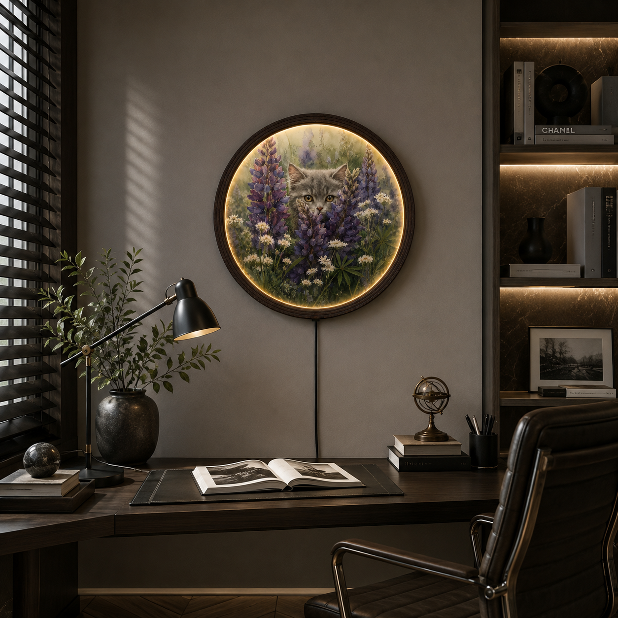 Round Cat & Wildflower LED Wall Light – Rustic Floral Home Decor