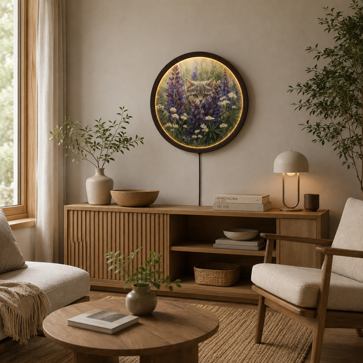 Round Cat & Wildflower LED Wall Light – Rustic Floral Home Decor