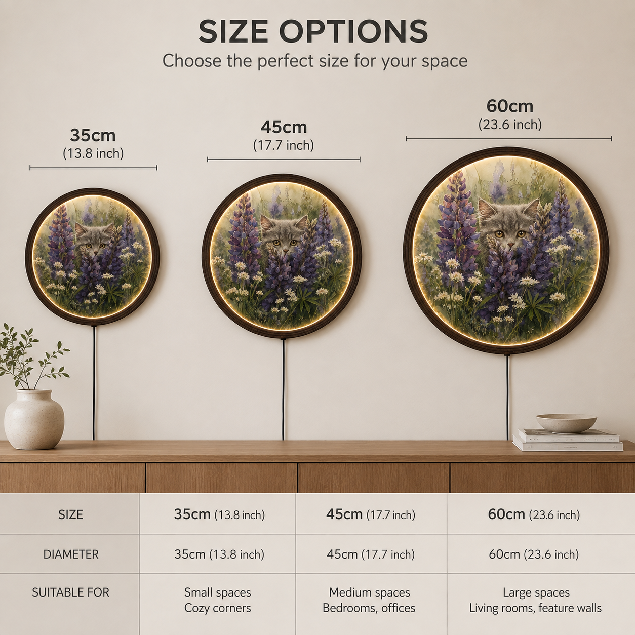 Round Cat & Wildflower LED Wall Light – Rustic Floral Home Decor