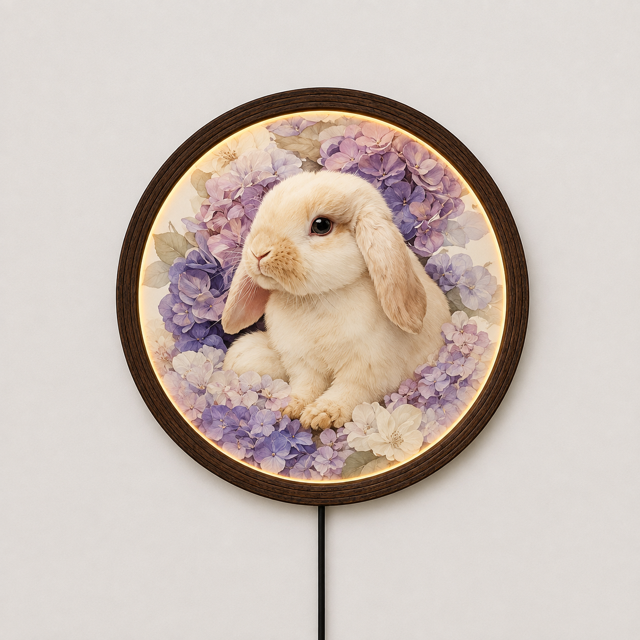 Floral Bunny LED Wall Art – Round Wooden Framed Rabbit Lighted Wall Decor
