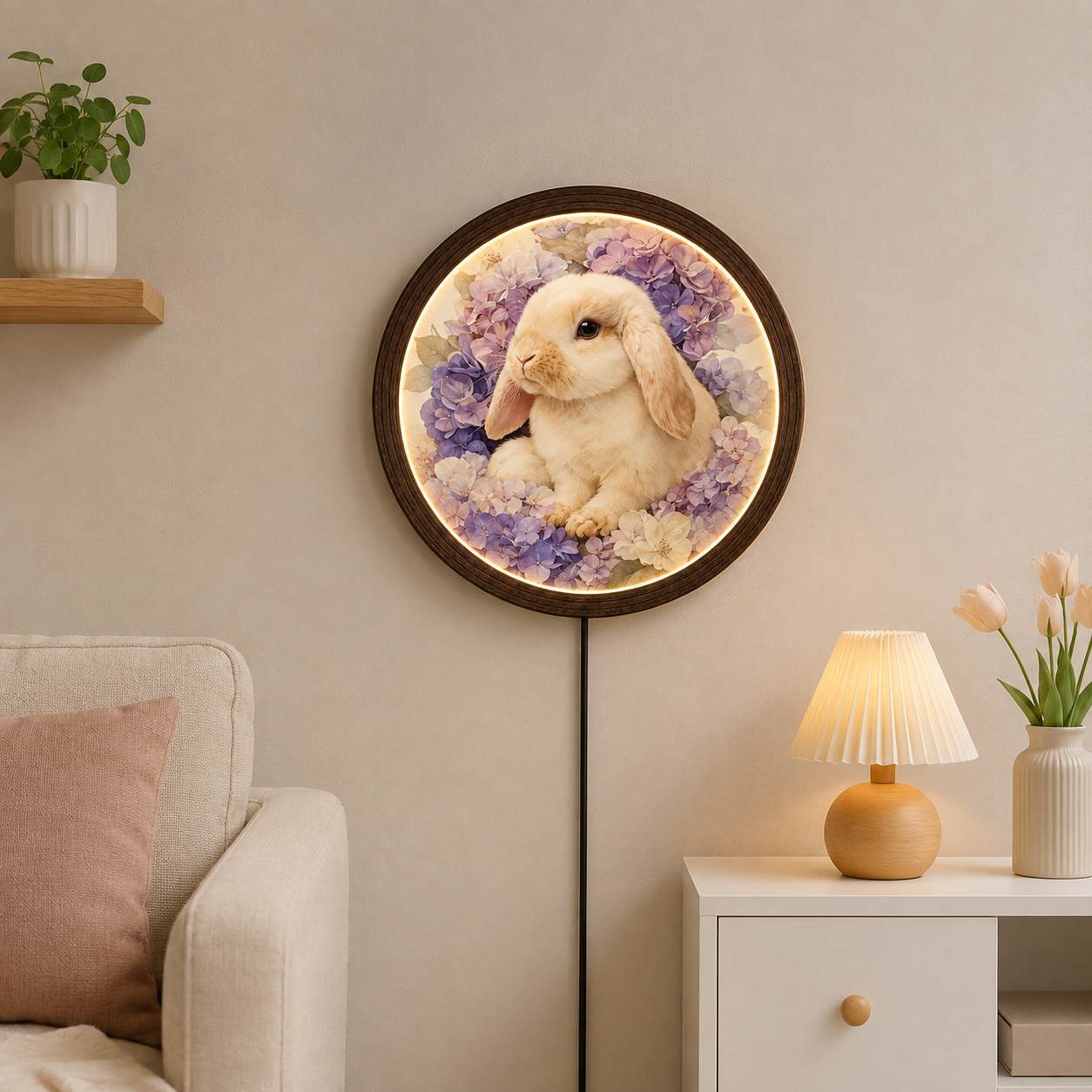 Floral Bunny LED Wall Art – Round Wooden Framed Rabbit Lighted Wall Decor