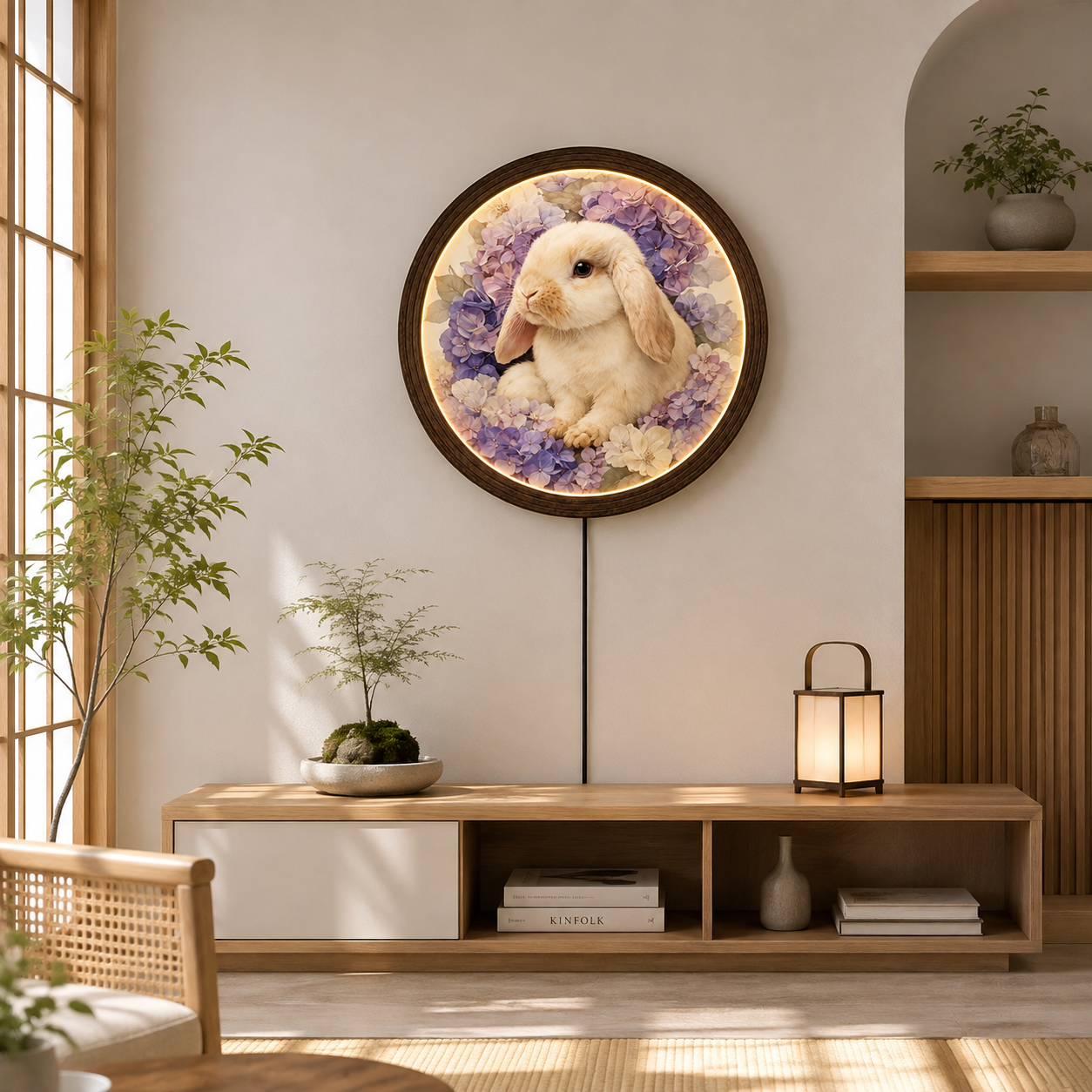 Floral Bunny LED Wall Art – Round Wooden Framed Rabbit Lighted Wall Decor
