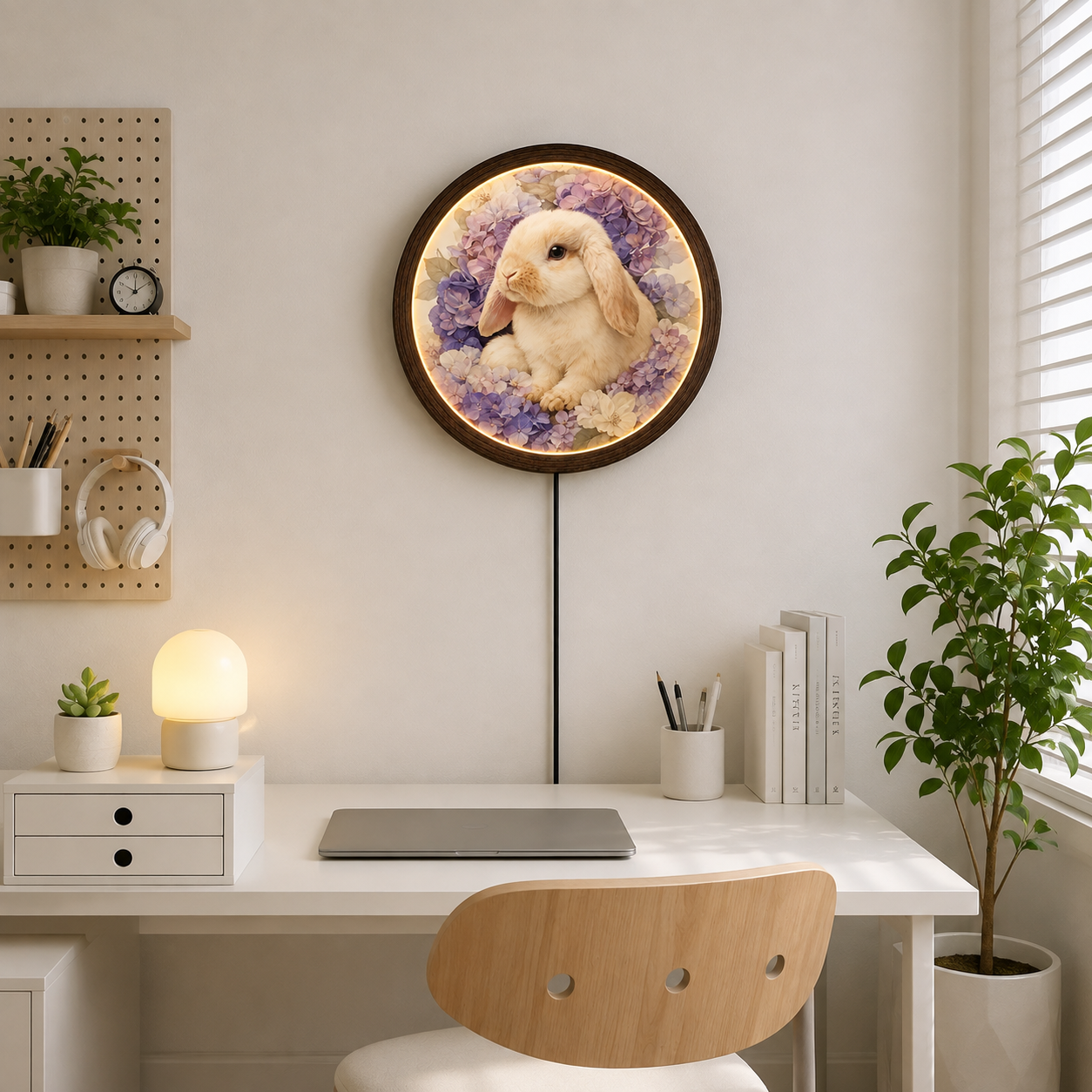 Floral Bunny LED Wall Art – Round Wooden Framed Rabbit Lighted Wall Decor