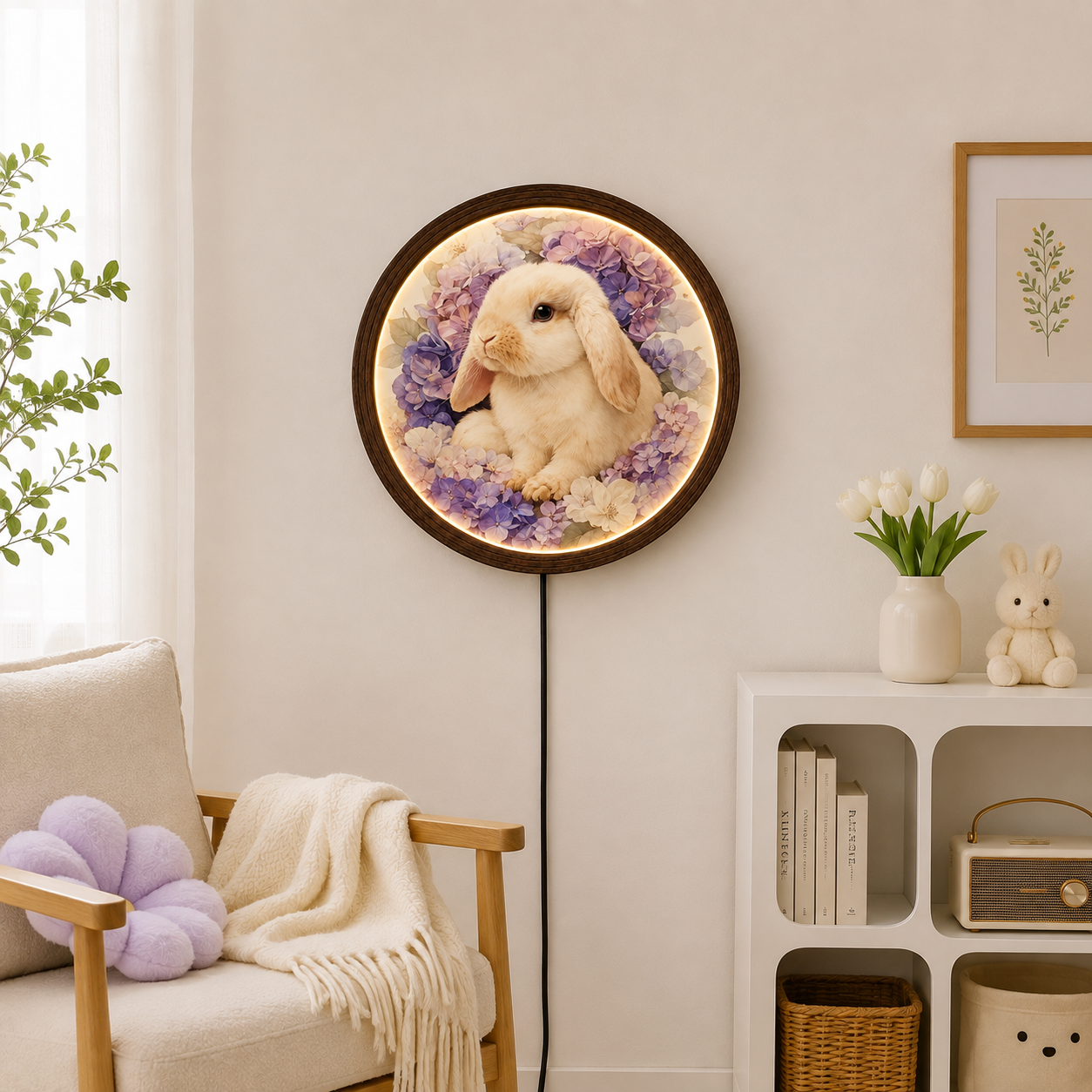 Floral Bunny LED Wall Art – Round Wooden Framed Rabbit Lighted Wall Decor