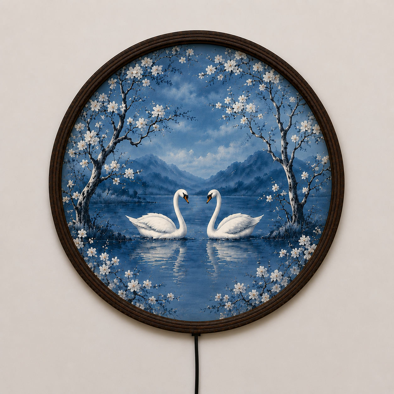 Elegant Swan Lake LED Round Wall Art | Cherry Blossom Landscape | Illuminated Home Decor | Modern Living Room Wall Hanging