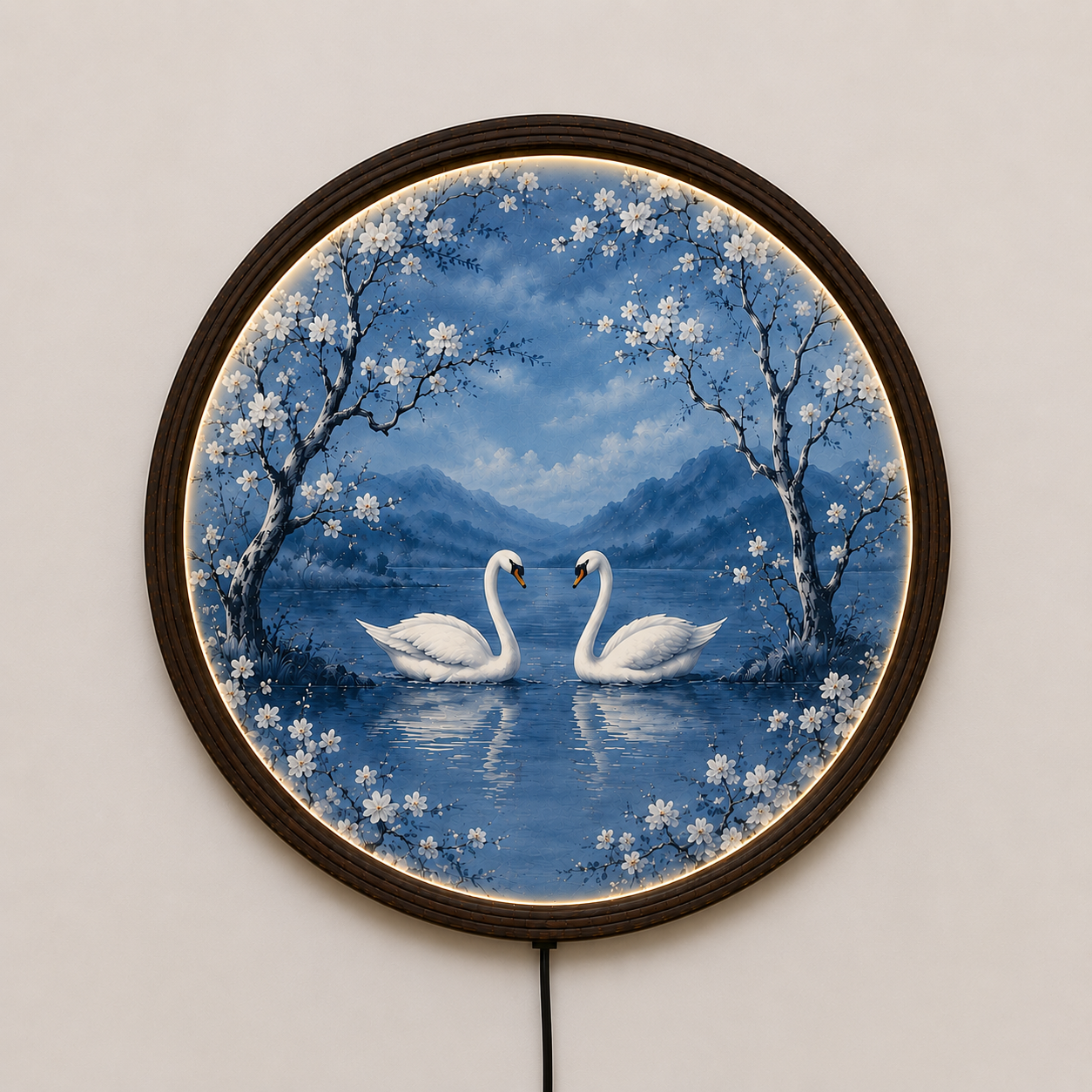 Elegant Swan Lake LED Round Wall Art | Cherry Blossom Landscape | Illuminated Home Decor | Modern Living Room Wall Hanging