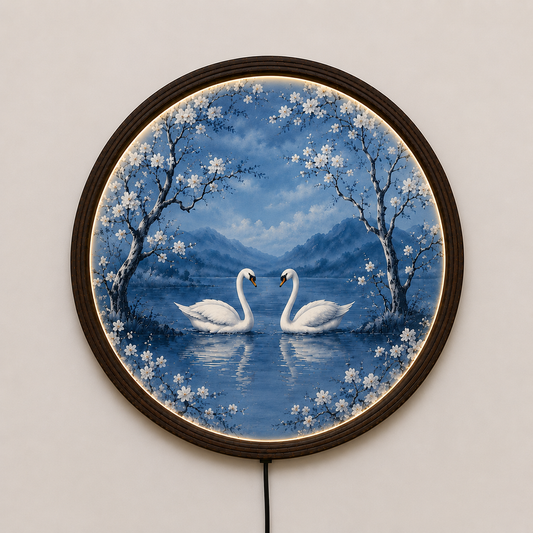 Elegant Swan Lake LED Round Wall Art | Cherry Blossom Landscape | Illuminated Home Decor | Modern Living Room Wall Hanging