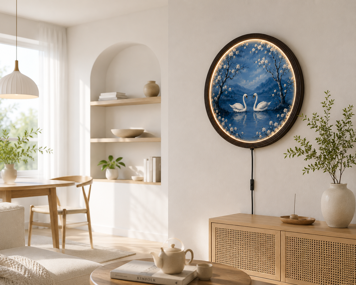 Elegant Swan Lake LED Round Wall Art | Cherry Blossom Landscape | Illuminated Home Decor | Modern Living Room Wall Hanging
