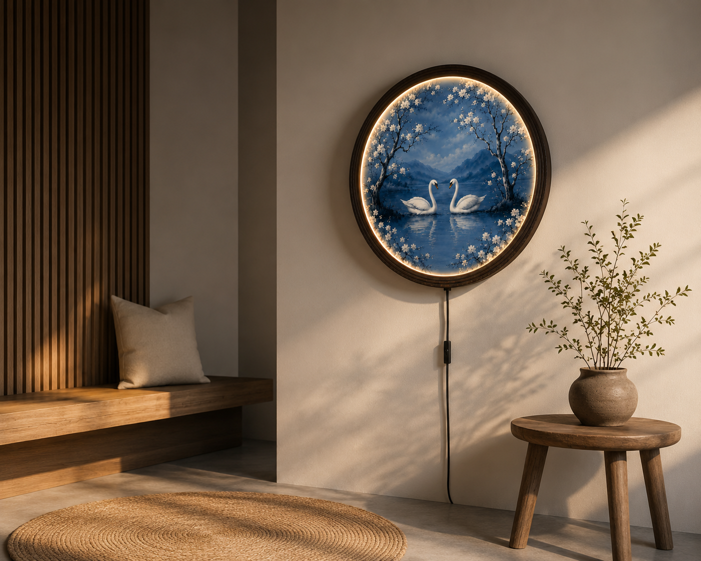 Elegant Swan Lake LED Round Wall Art | Cherry Blossom Landscape | Illuminated Home Decor | Modern Living Room Wall Hanging