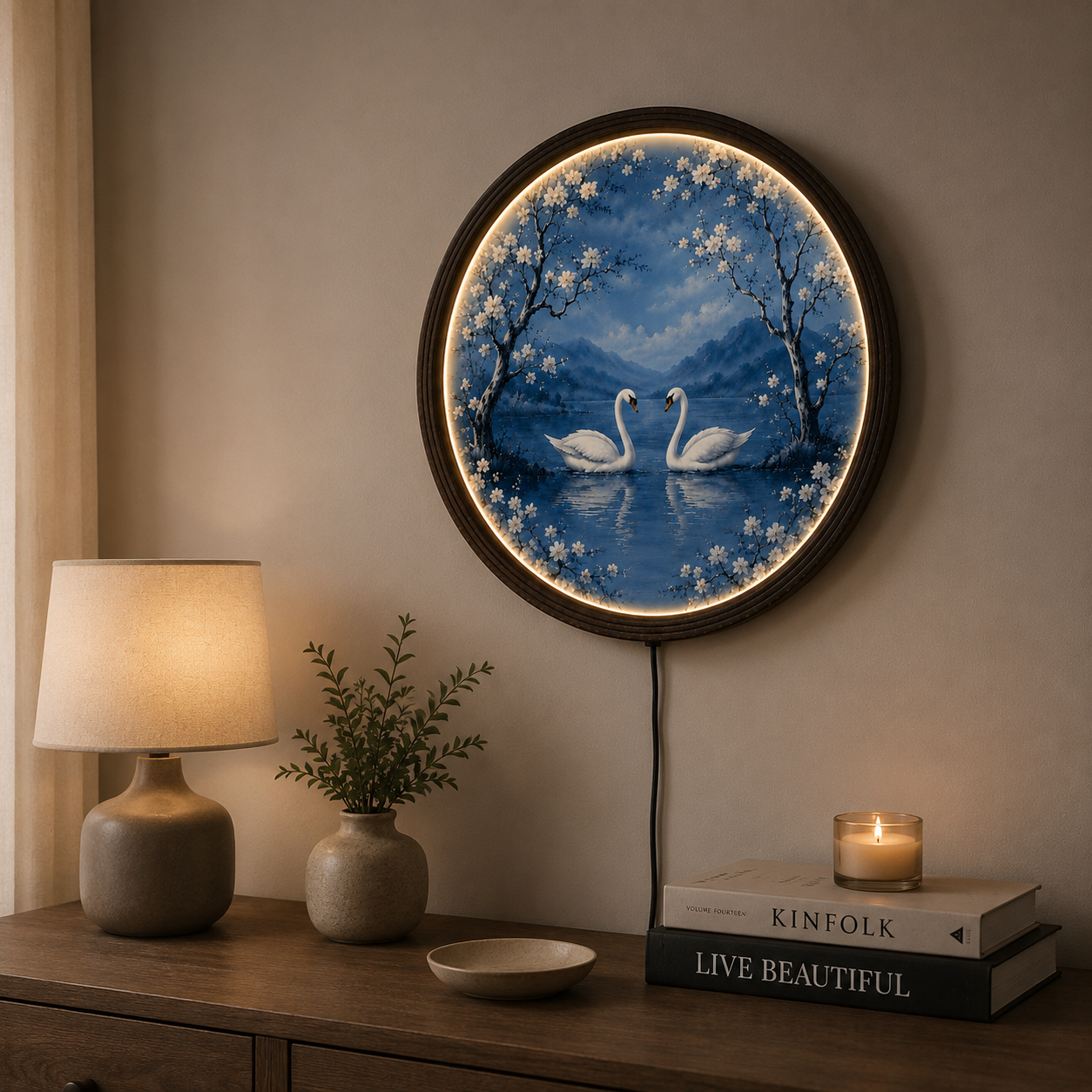 Elegant Swan Lake LED Round Wall Art | Cherry Blossom Landscape | Illuminated Home Decor | Modern Living Room Wall Hanging